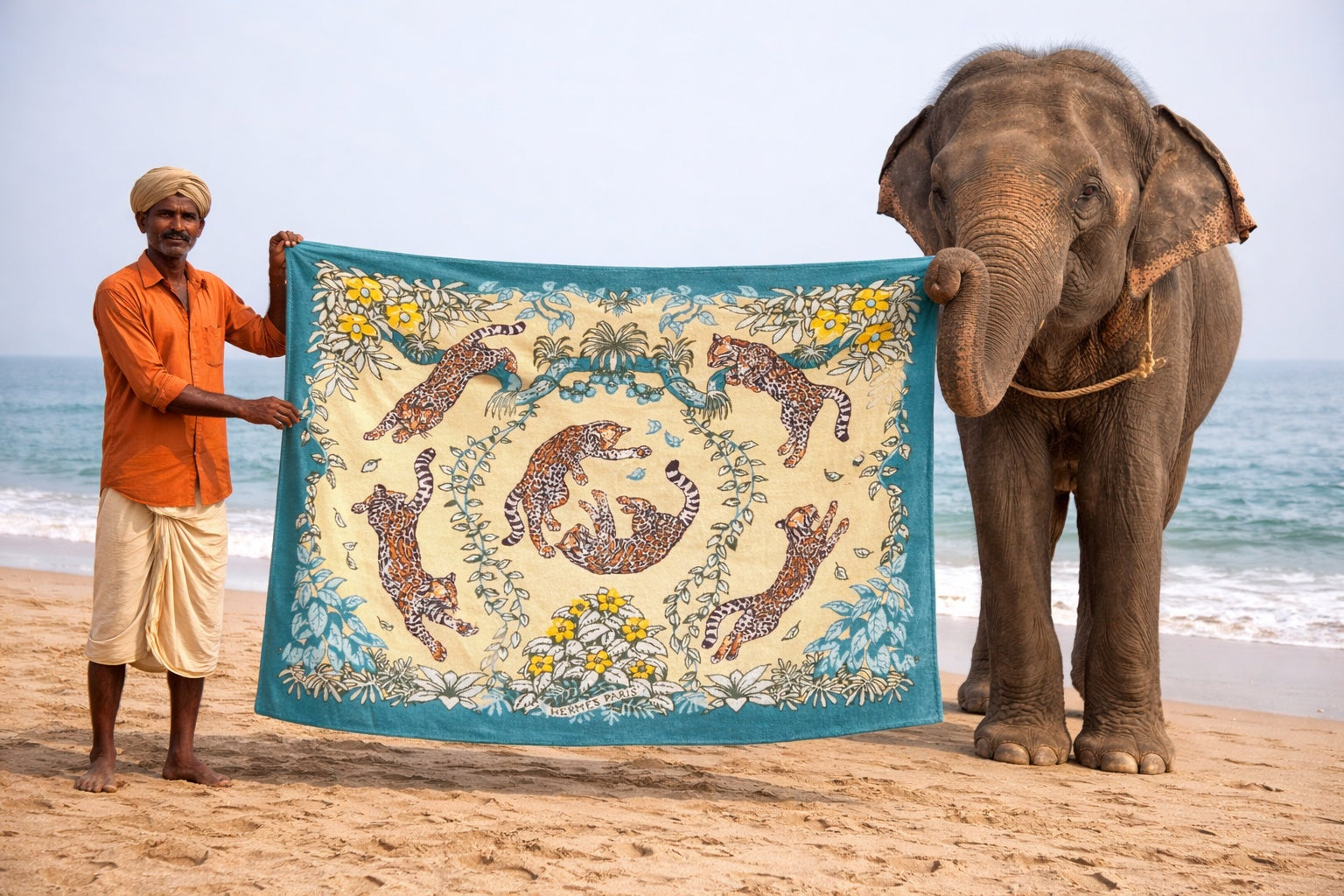 HERMES Les Guepards California XXL Terry Beach Towel 150 x 220 cm Cotton Robert Dallet New