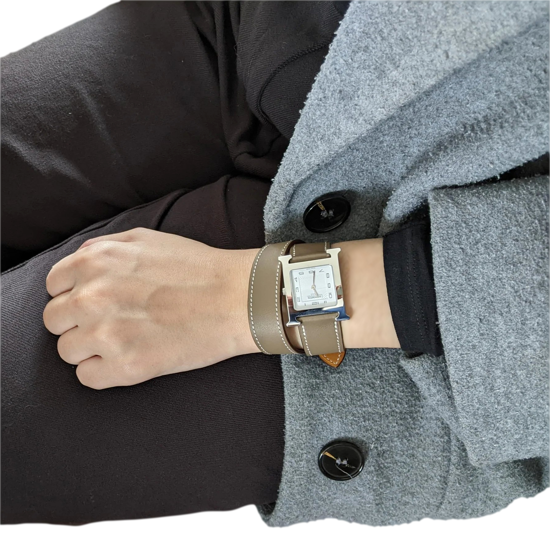 Hermes Etoupe "Double Tour Heure H" Watch Medium Model 30 mm