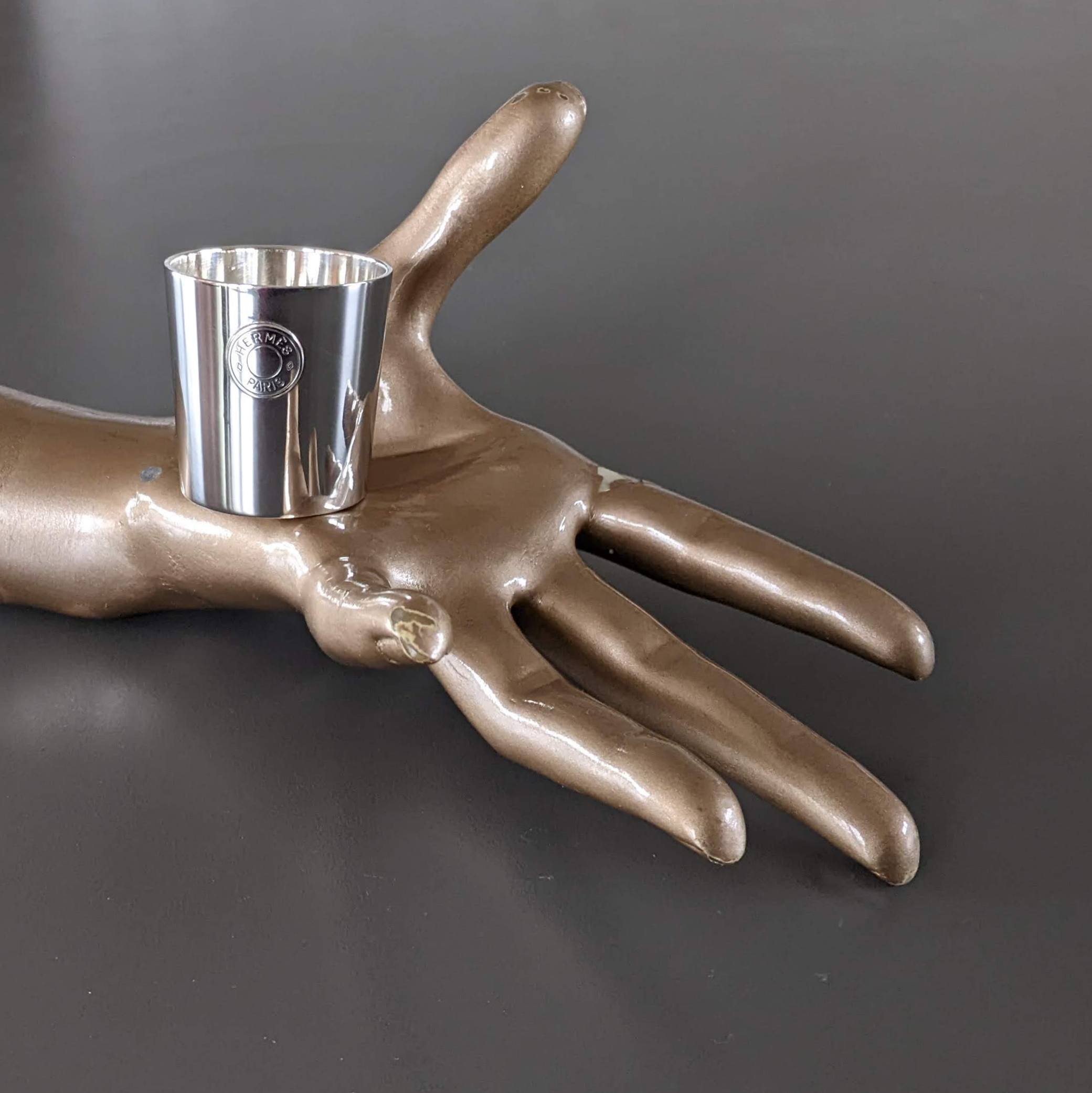 HERMES Plated Silver "Clou de Selle" Shot Timbale Serie Tumbler, Pristine Condition!