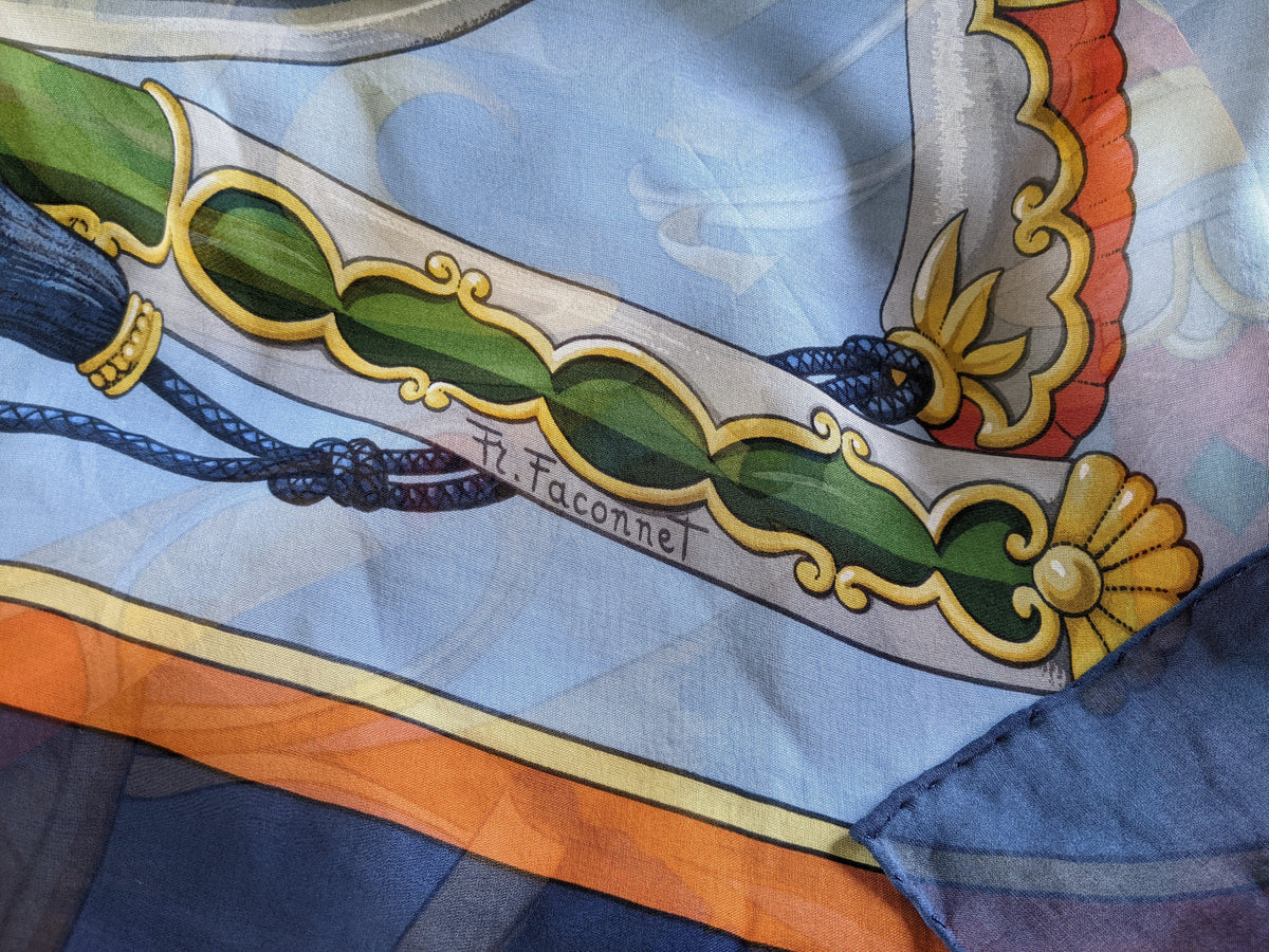 HERMES 1991 Blue DAIMYO Mousseline Silk 140 x 140 cm