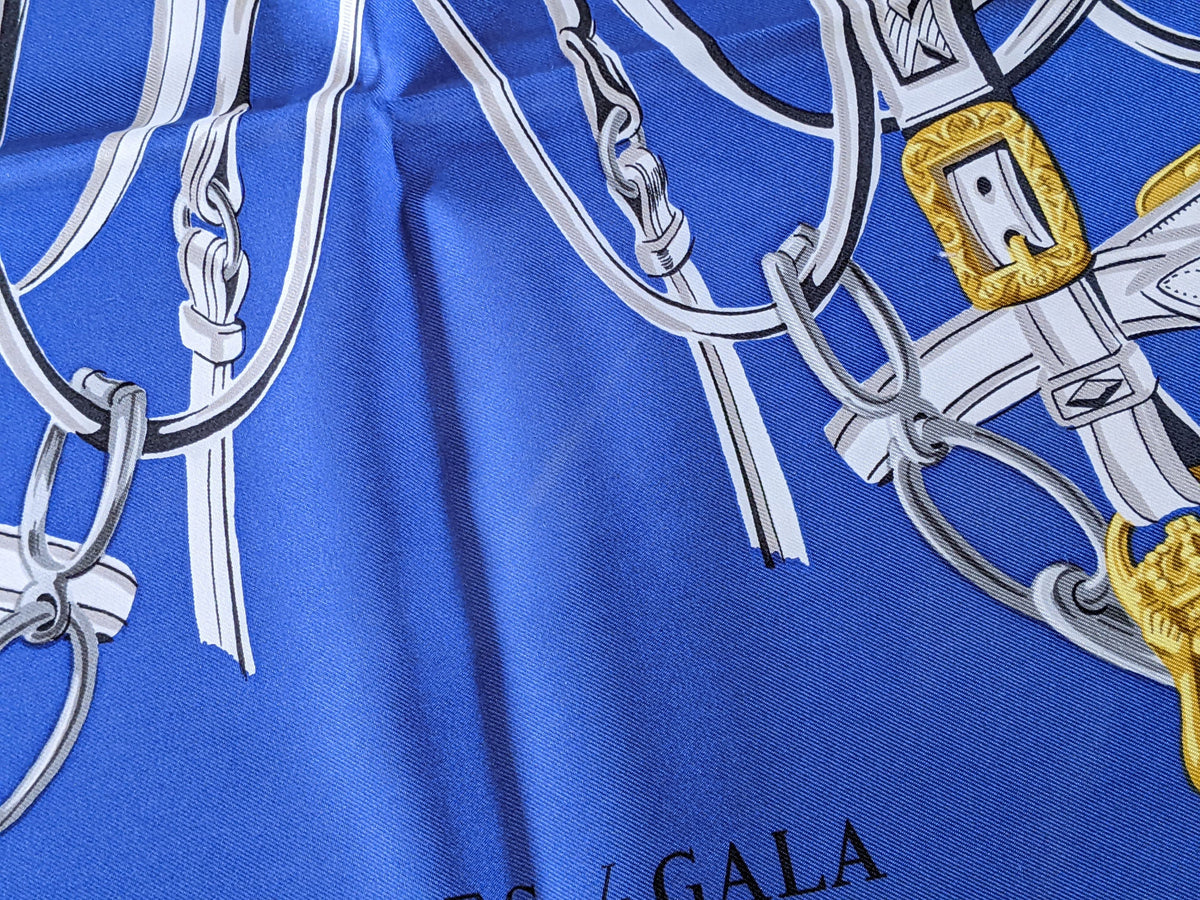 HERMES BRIDES DE GALA 1980s Cobalt/White 1st Re iIssue Twill Silk Carre 90 x 90 cm