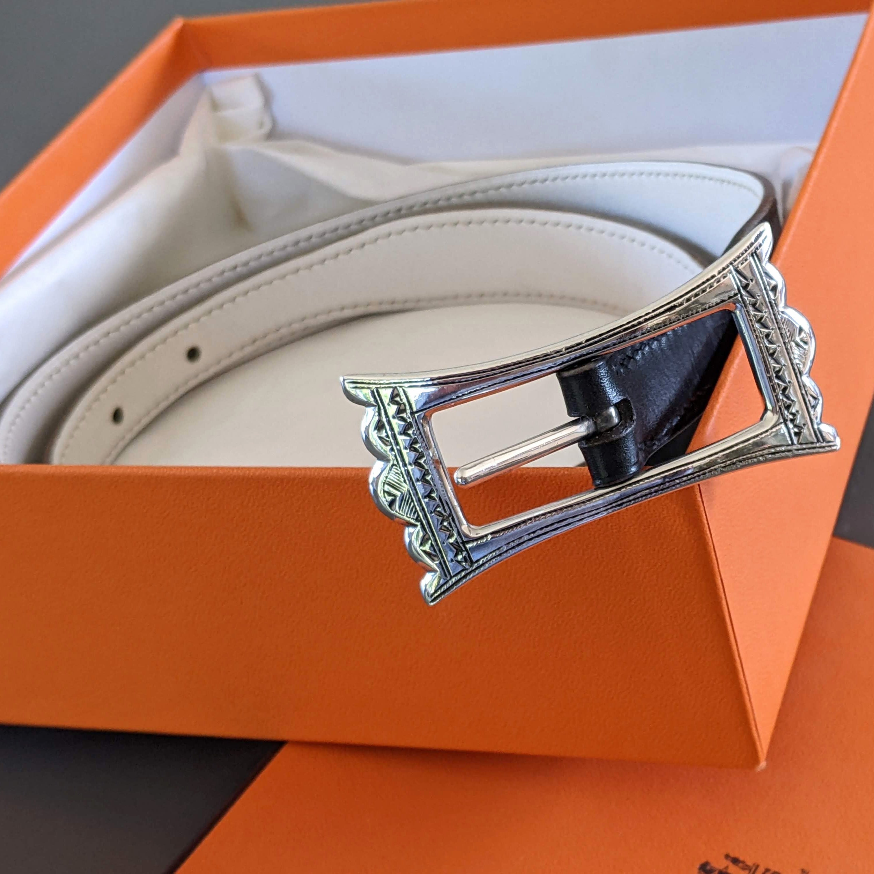 HERMES 1999 Women's Black/White Belt Touareg 24 mm in Size 75