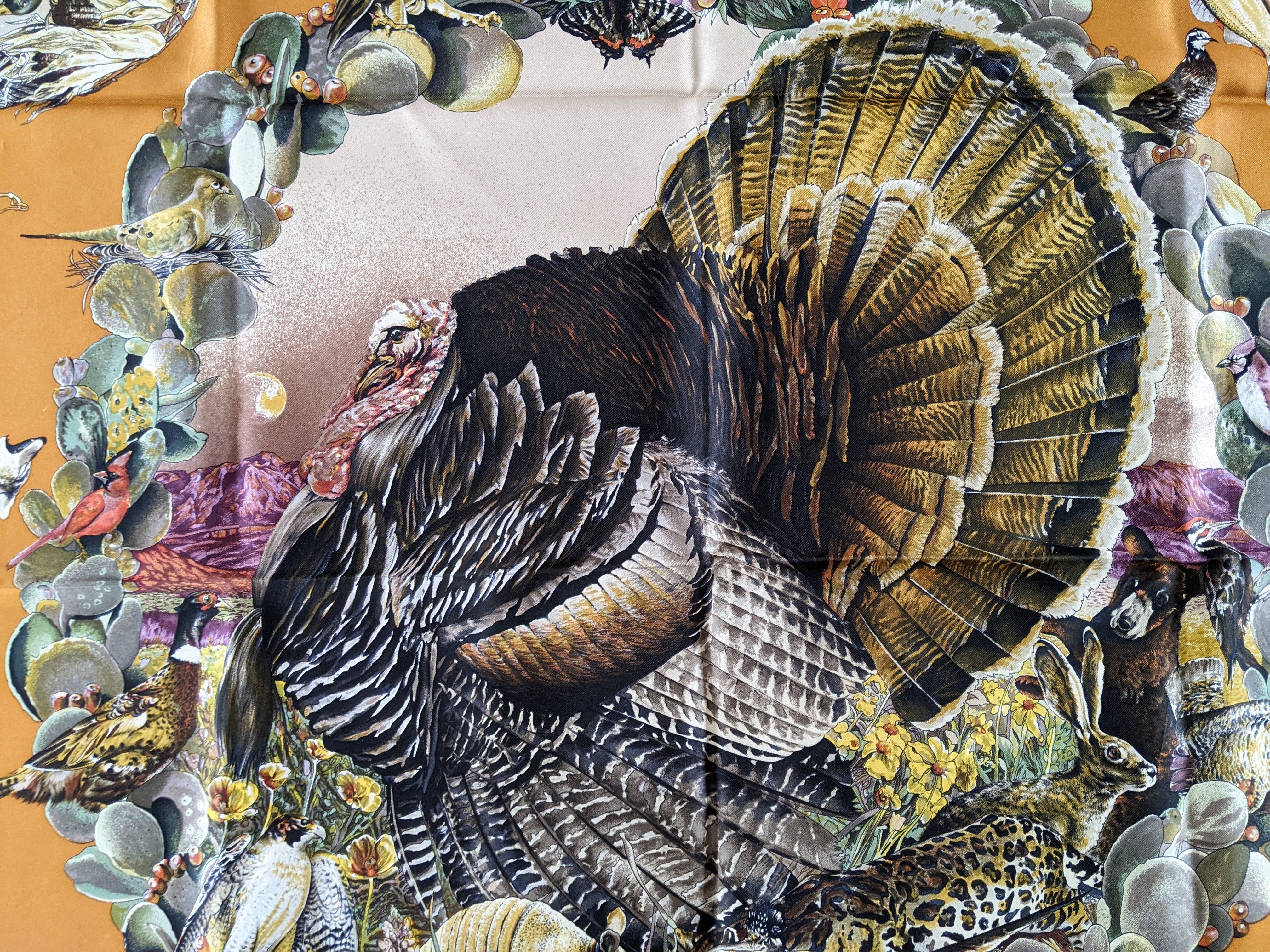 HERMES 1987 Faune et Flore du Texas Wildlife Twill Silk Scarf 90 x 90 cm, Box!