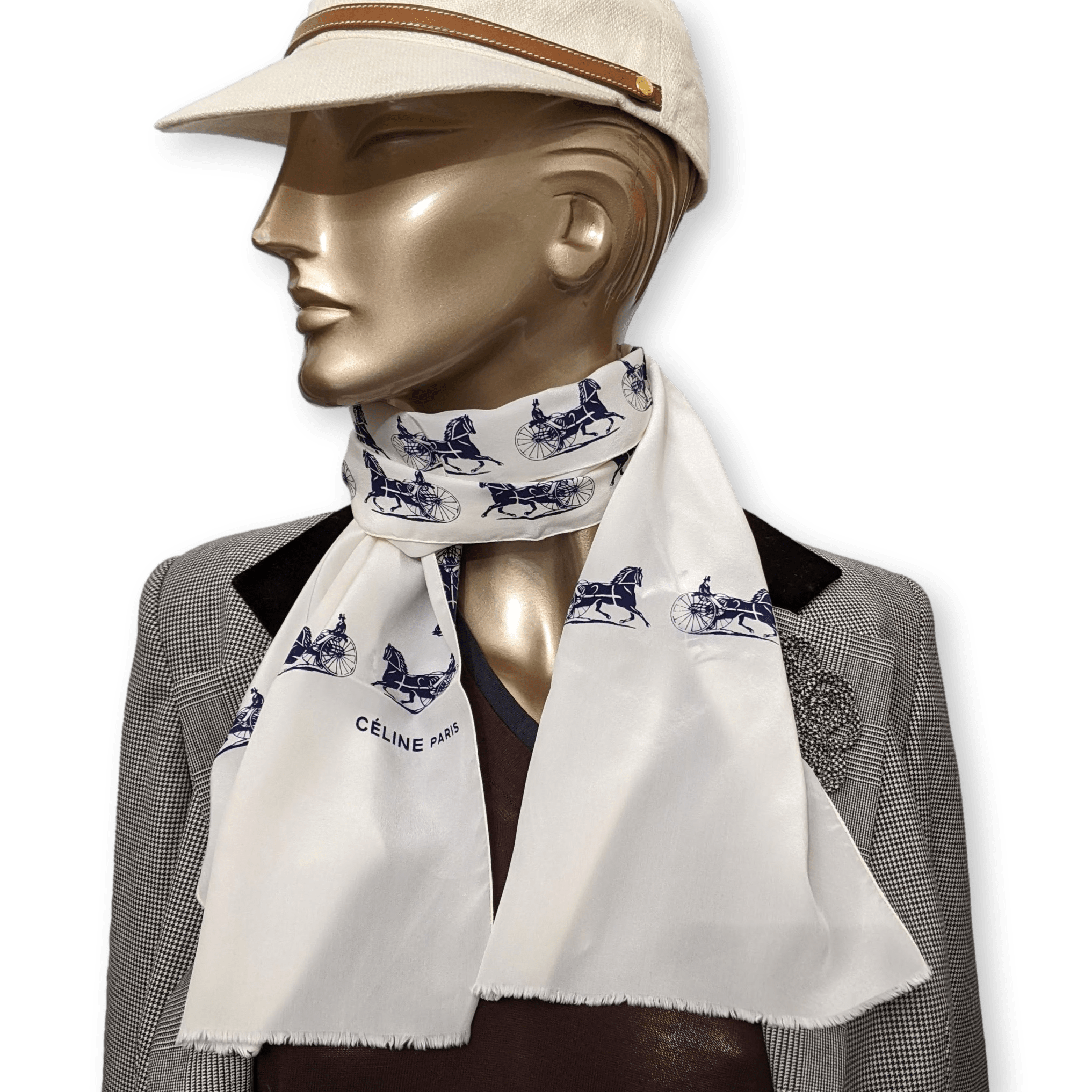 CELINE White/Navy Caleche Crepe of Silk Stole