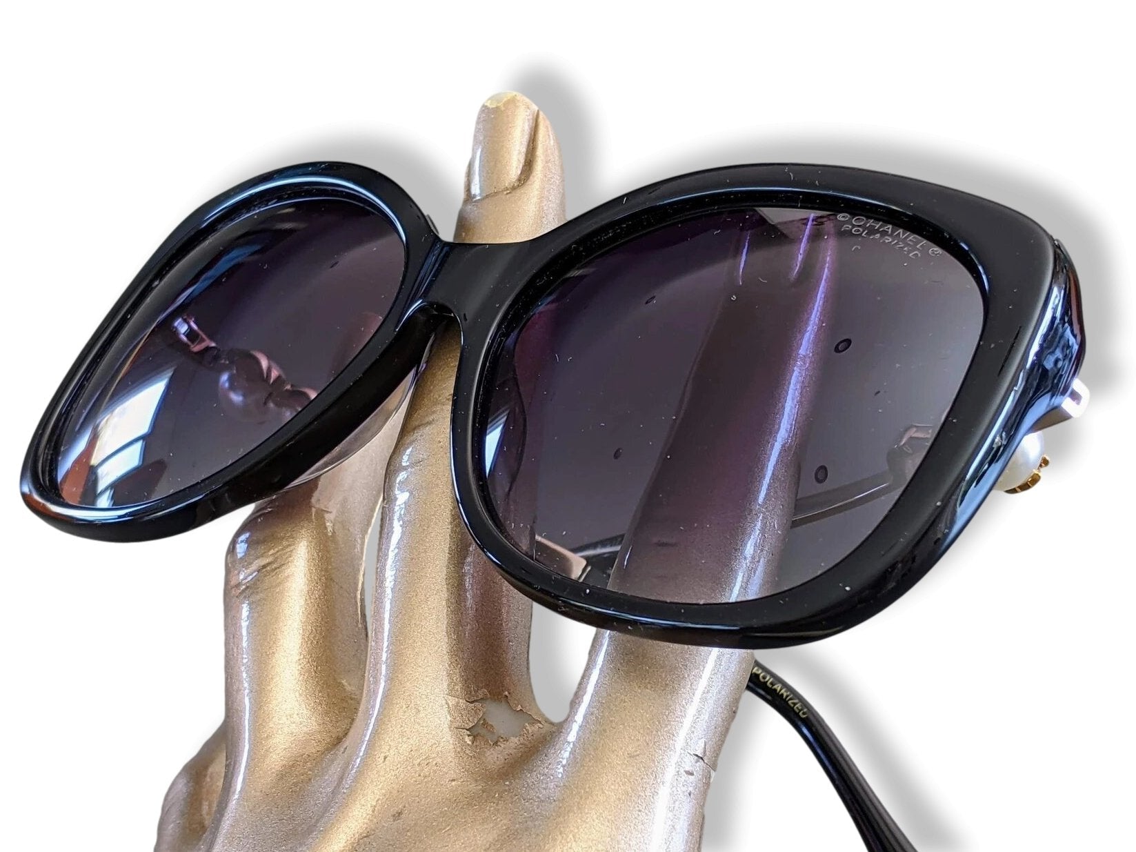 Chanel Black Acetate Pearl CC Women Polarized Sunglasses PAPILLON Ret. 490cm EUR, Mint! - poupishop