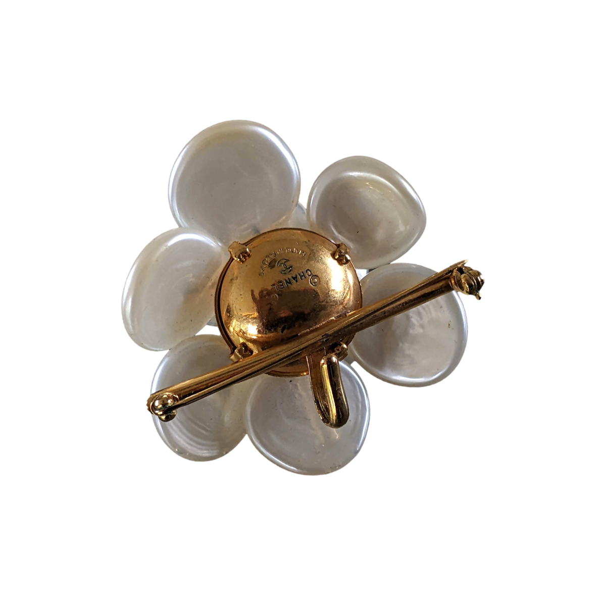 CHANEL CAMELIA 1990s Collector Mother-of-Pearl Pendant Brooch, Rare! A20230460