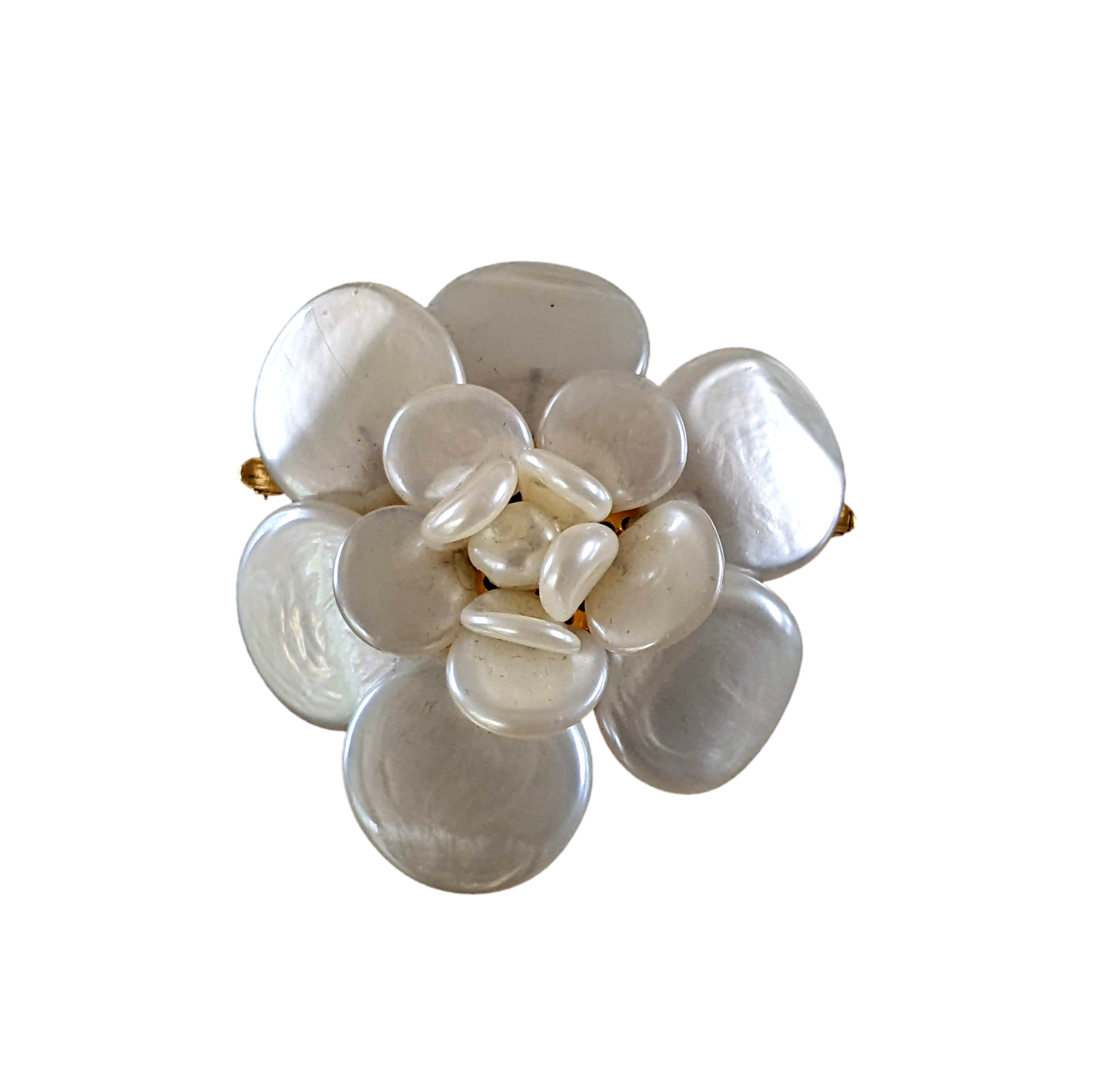 CHANEL CAMELIA 1990s Collector Mother-of-Pearl Pendant Brooch, Rare! A20230460