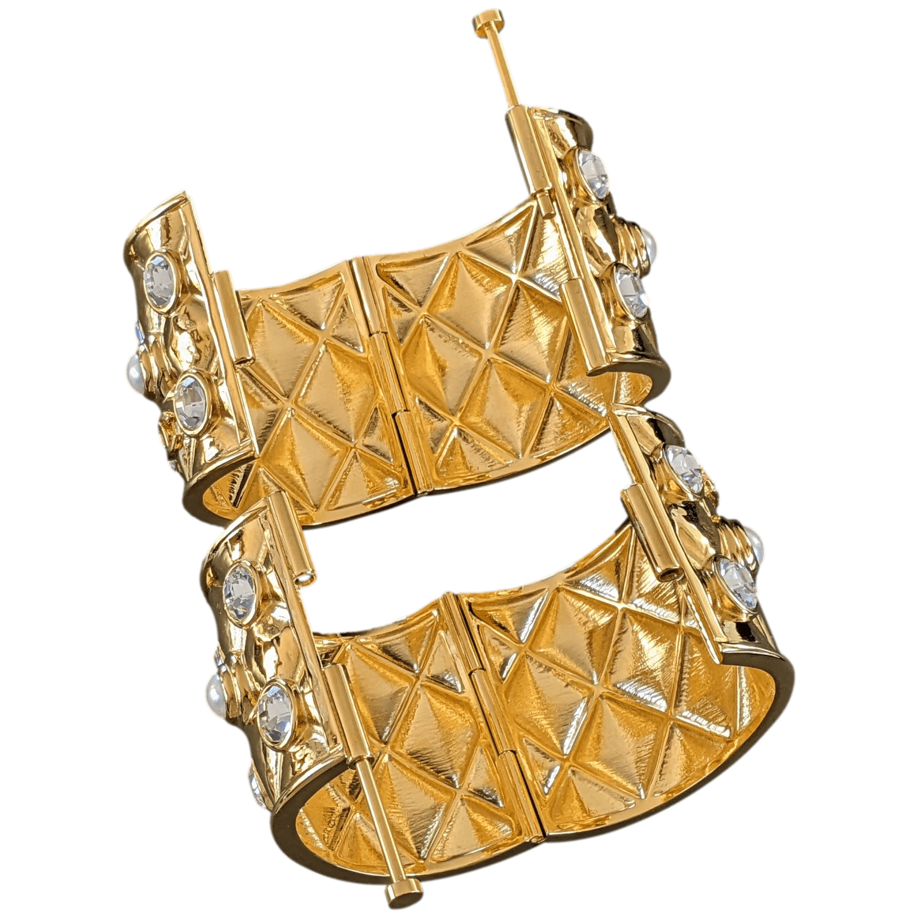 CHANEL G22 GRIPOIX Shiny Gold Quilted Crystal Pearl Manchette Bracelet Set in Box
