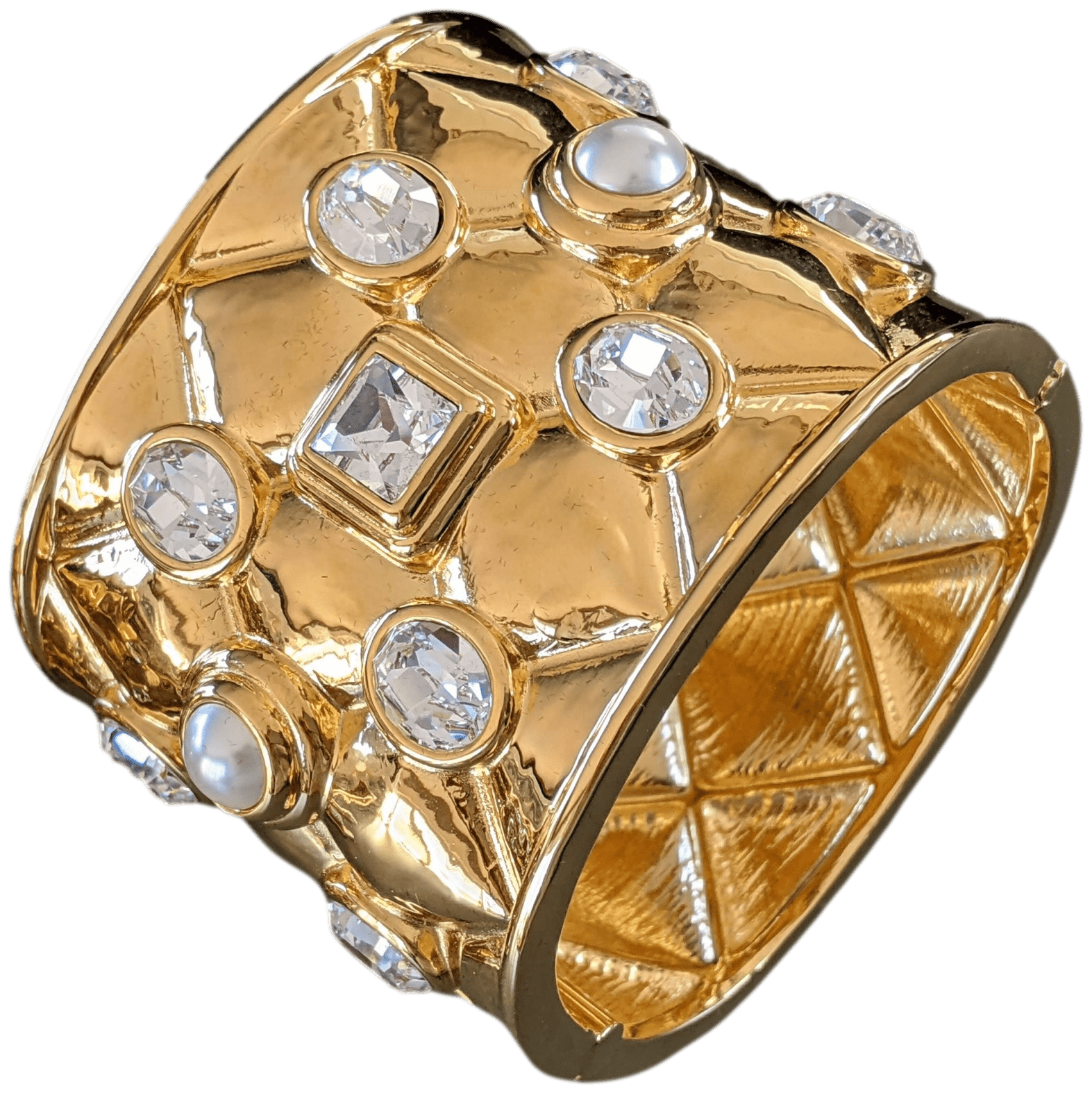CHANEL G22 GRIPOIX Shiny Gold Quilted Crystal Pearl Manchette Bracelet Set in Box