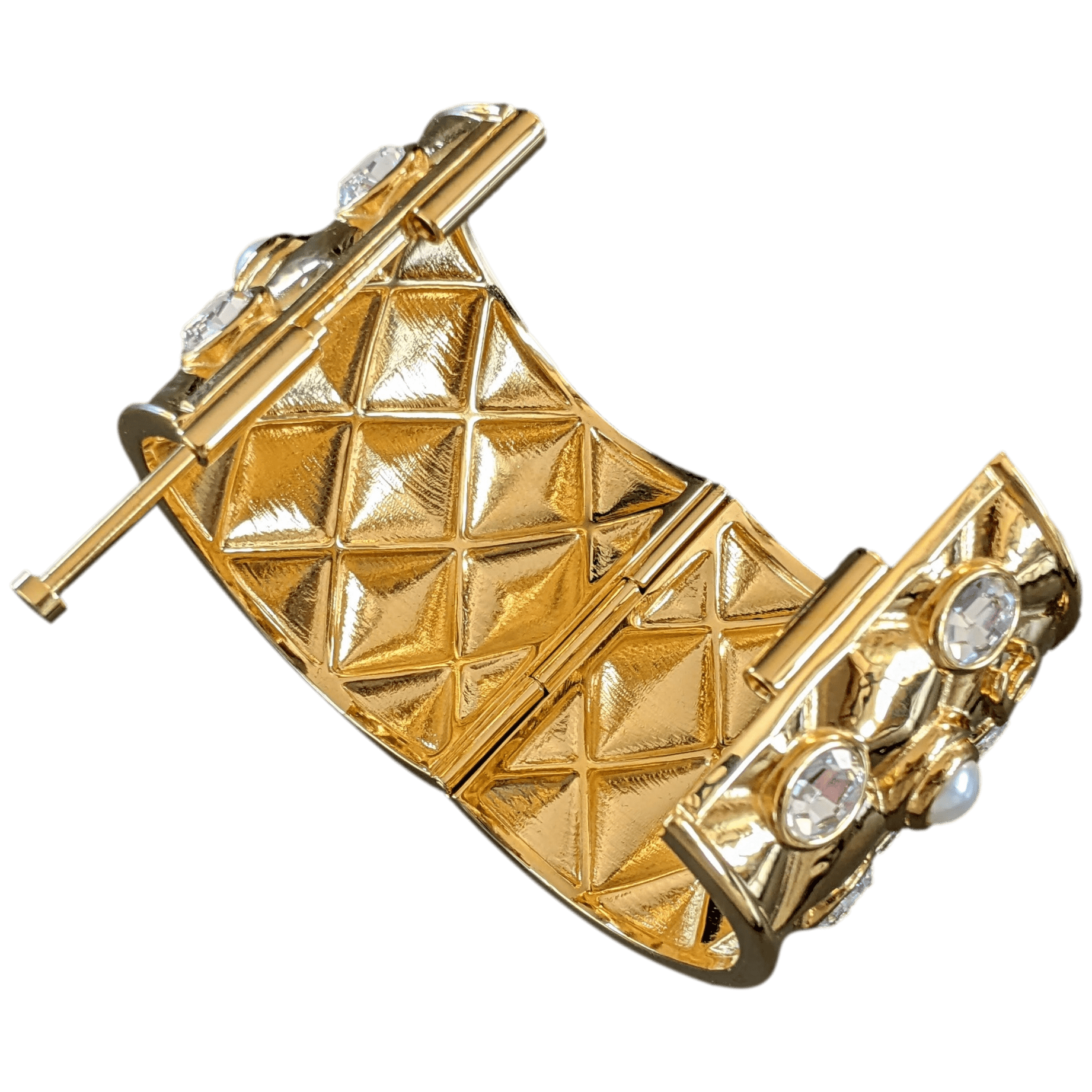 CHANEL G22 GRIPOIX Shiny Gold Quilted Crystal Pearl Manchette Bracelet Set in Box