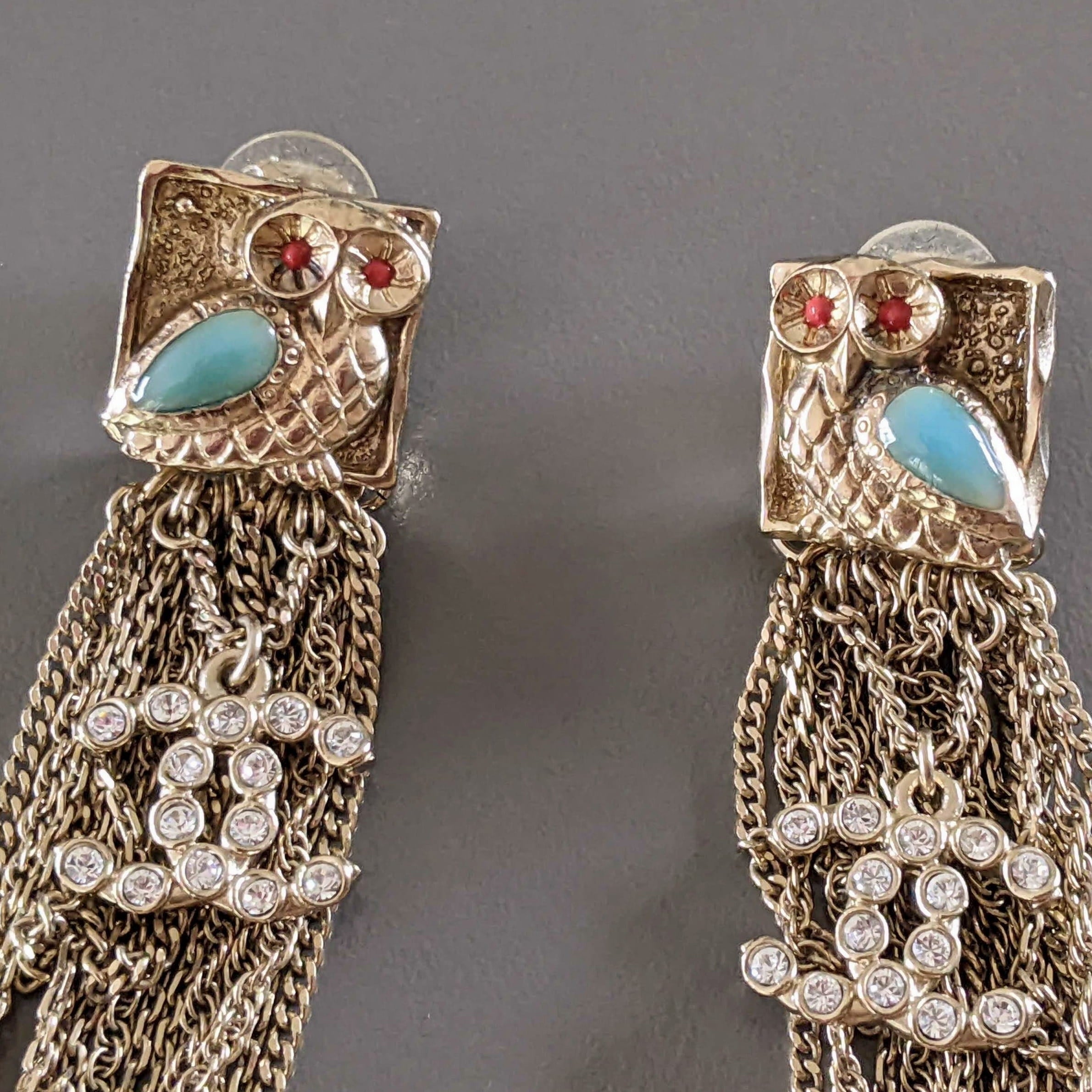 CHANEL Owl CC Logo Crystal Tassel Earrings Gold Tone 2018