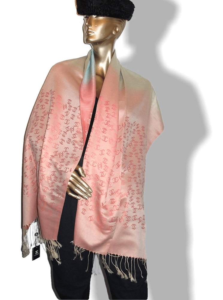 Chanel Pink Turquoise Ficelle Monogram Silk/Wool Huge Stole with Tassels, NIB! - poupishop