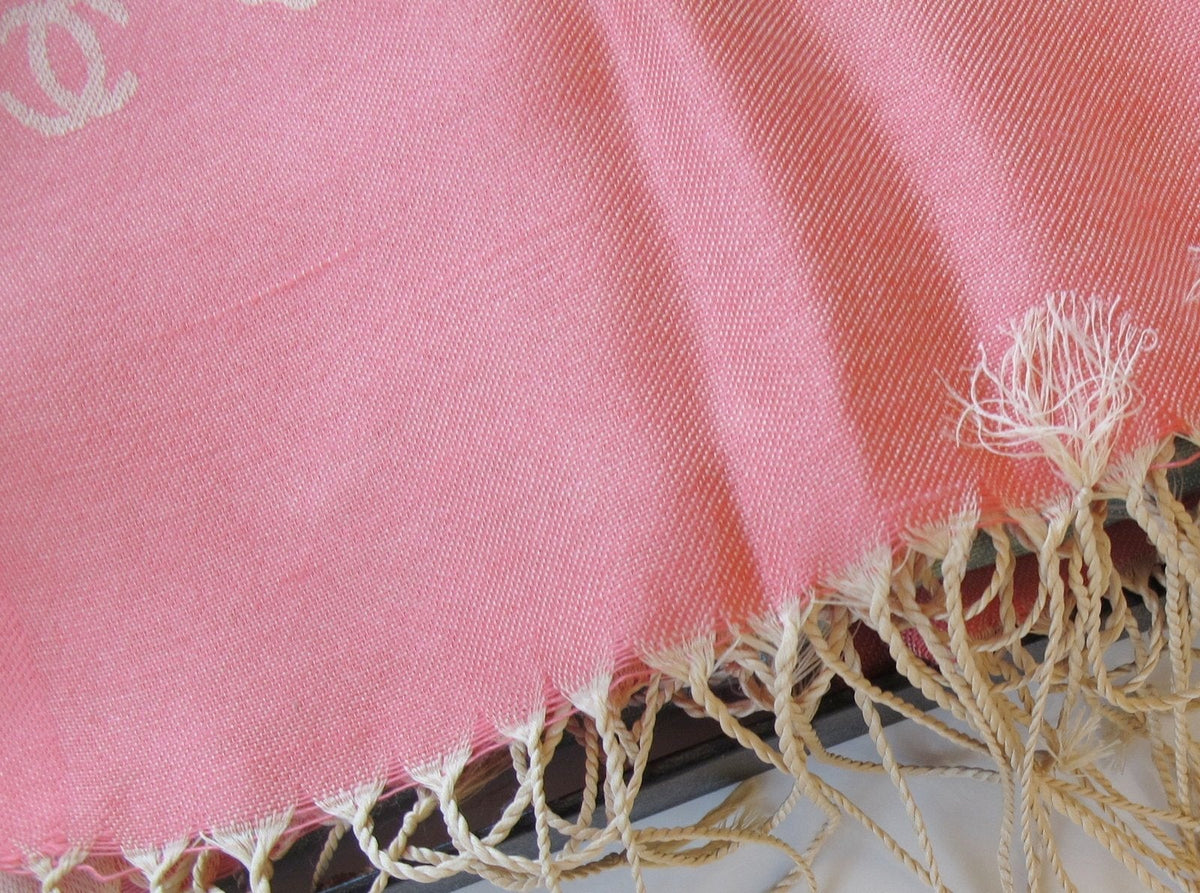 Chanel Pink Turquoise Ficelle Monogram Silk/Wool Huge Stole with Tassels, NIB! - poupishop
