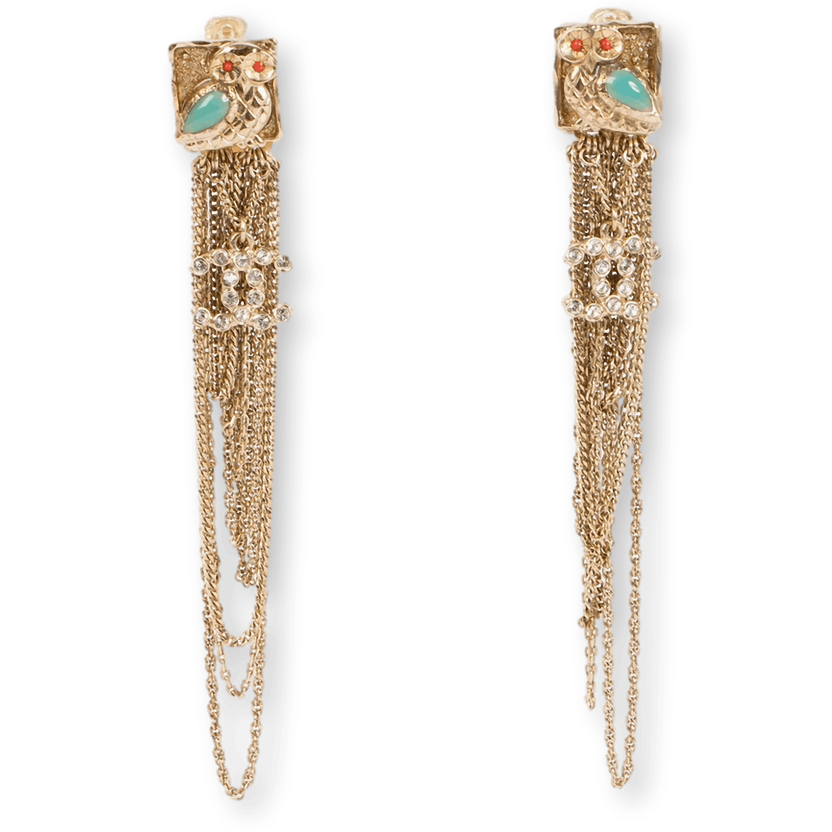 CHANEL Owl CC Logo Crystal Tassel Earrings Gold Tone 2018 with Box