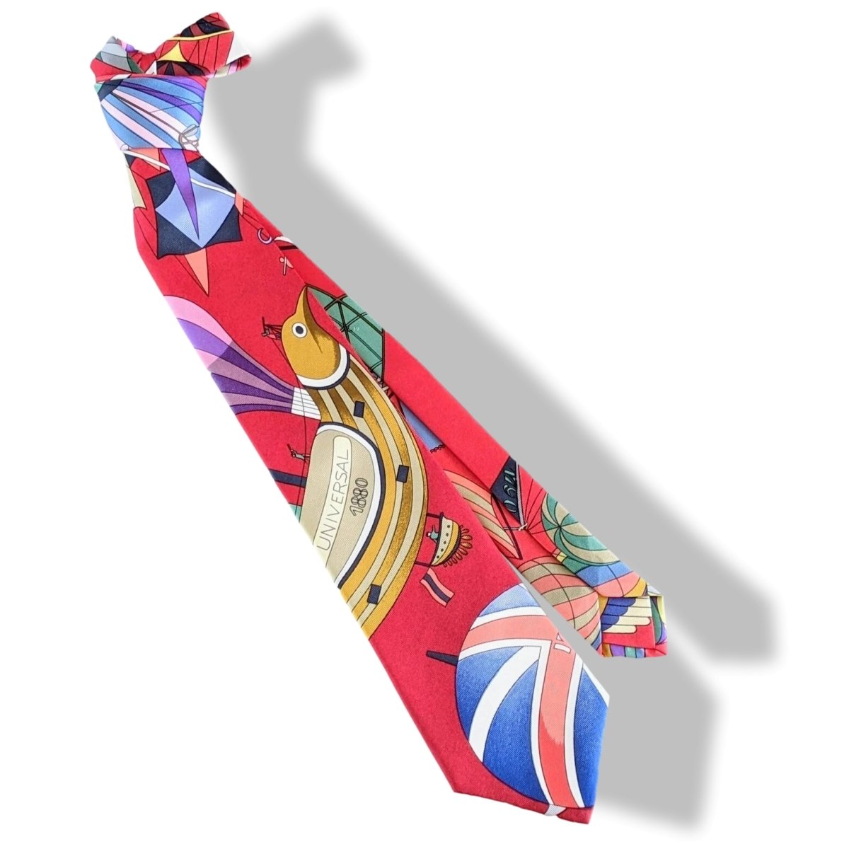 Hermes 1990's Red LES FOLIES DU CIEL by Loic Dubigeon Twill Silk Tie, Box!