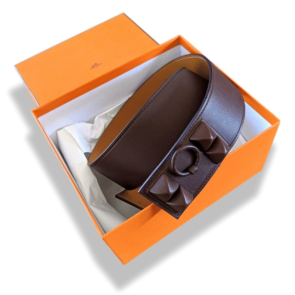 Hermes 2009 Chocolat Veau Barenia COLLIER DE CHIEN SHADOW Belt GM Sz 85, BNIB!