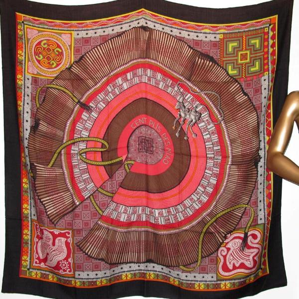 Hermes 2010 cw03 Noir/Marron Cent Plis des Miao Cashmere Shawl 140, New! - poupishop