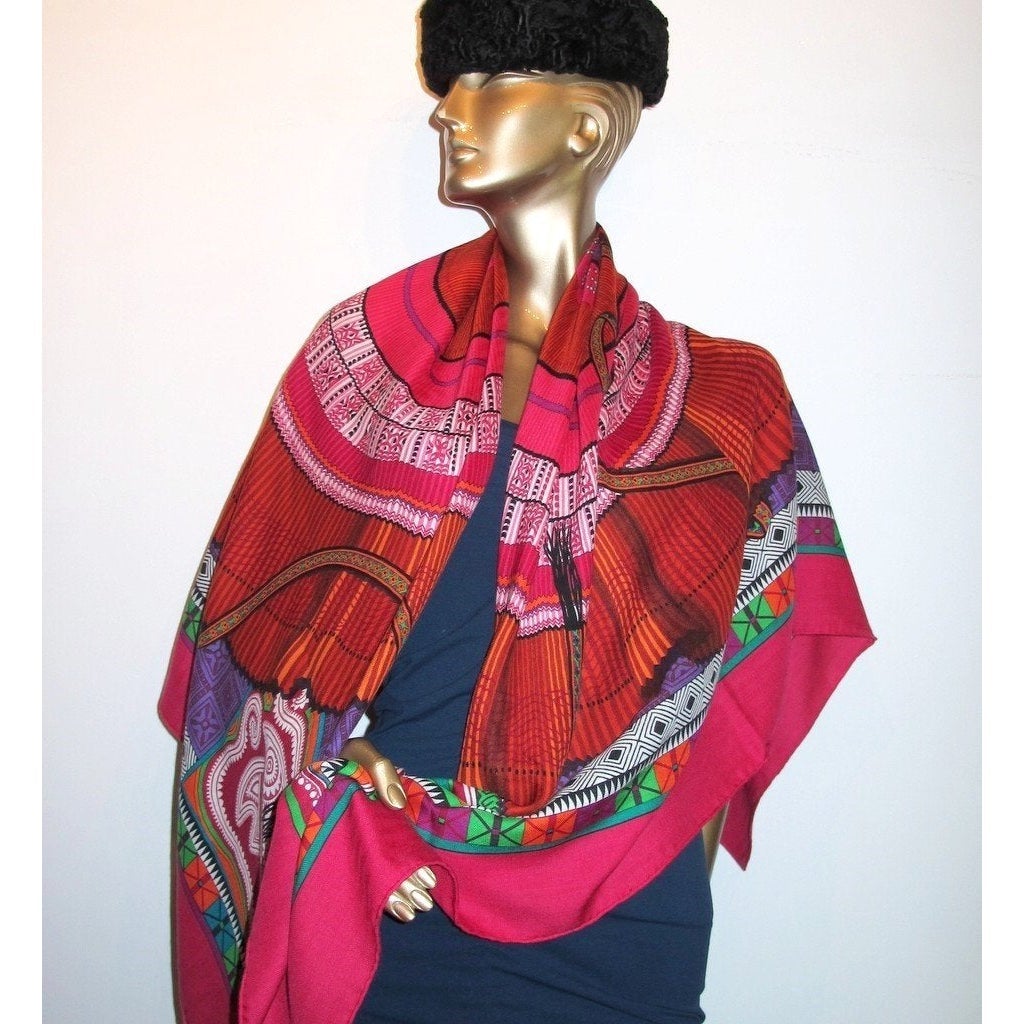 Hermes 2010 Rose/Purple/Green Cent Plis des Miao Cashmere Shawl 140 - poupishop