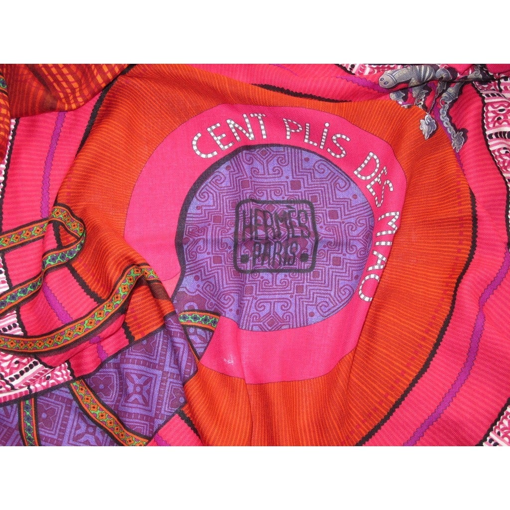 Hermes 2010 Rose/Purple/Green Cent Plis des Miao Cashmere Shawl 140 - poupishop