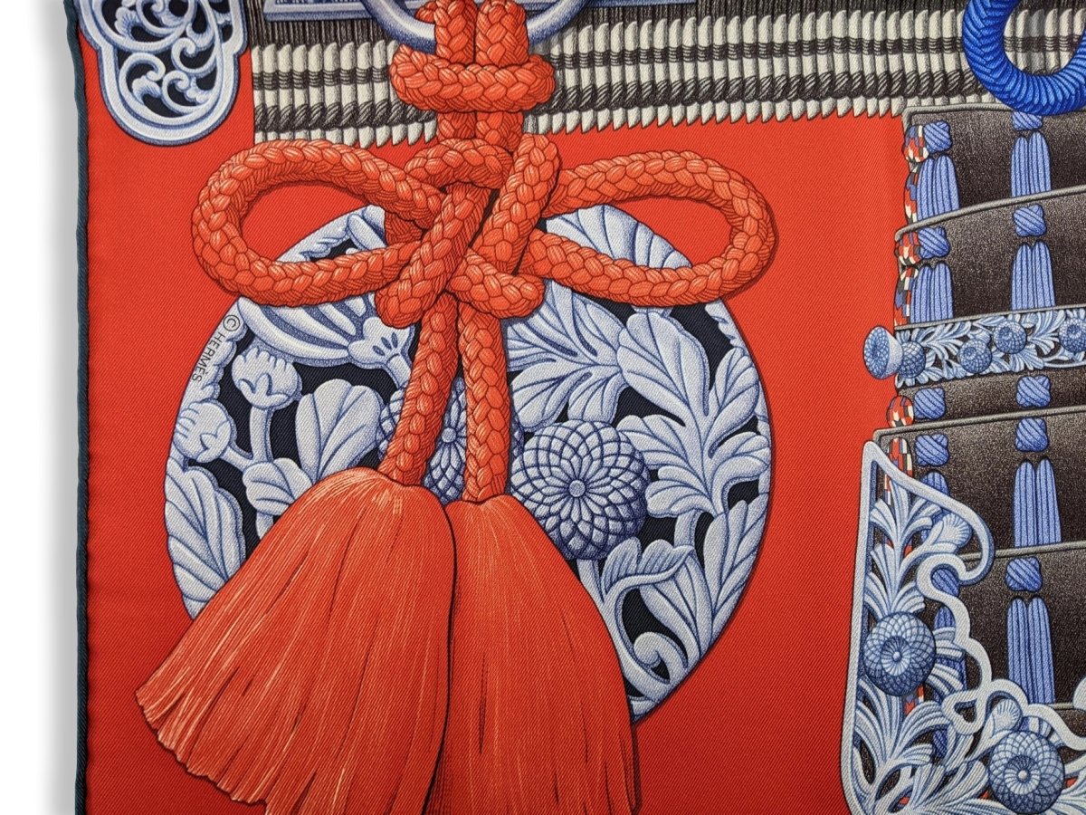 Hermes 2017 Bleu/Rouge/Or 'Parures de Samourais' by Aline Honore Samurais Twill 90cm, NIB! - poupishop