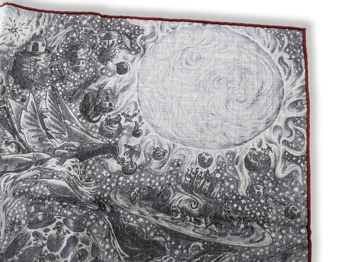 Hermes 2019 Grey/White/Red NOTHING BUT A DREAMER by Maylis Vigouroux 70% Cashmere/30% Silk Carre H 100 cm, New!