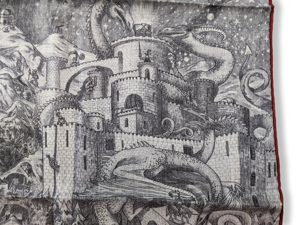 Hermes 2019 Grey/White/Red NOTHING BUT A DREAMER by Maylis Vigouroux 70% Cashmere/30% Silk Carre H 100 cm, New!