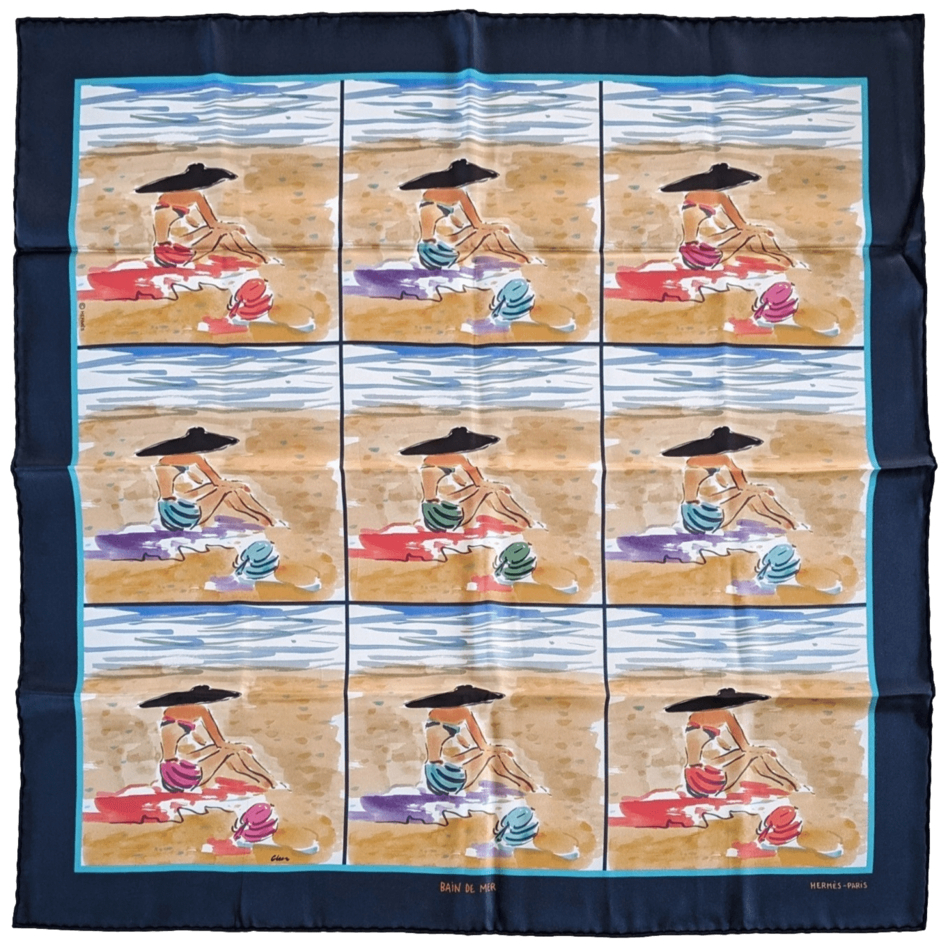HERMES 2016 Navy/Multi BAIN DE MER by Jean-Louis Clerc Vintage Silk 70 x 70 cm