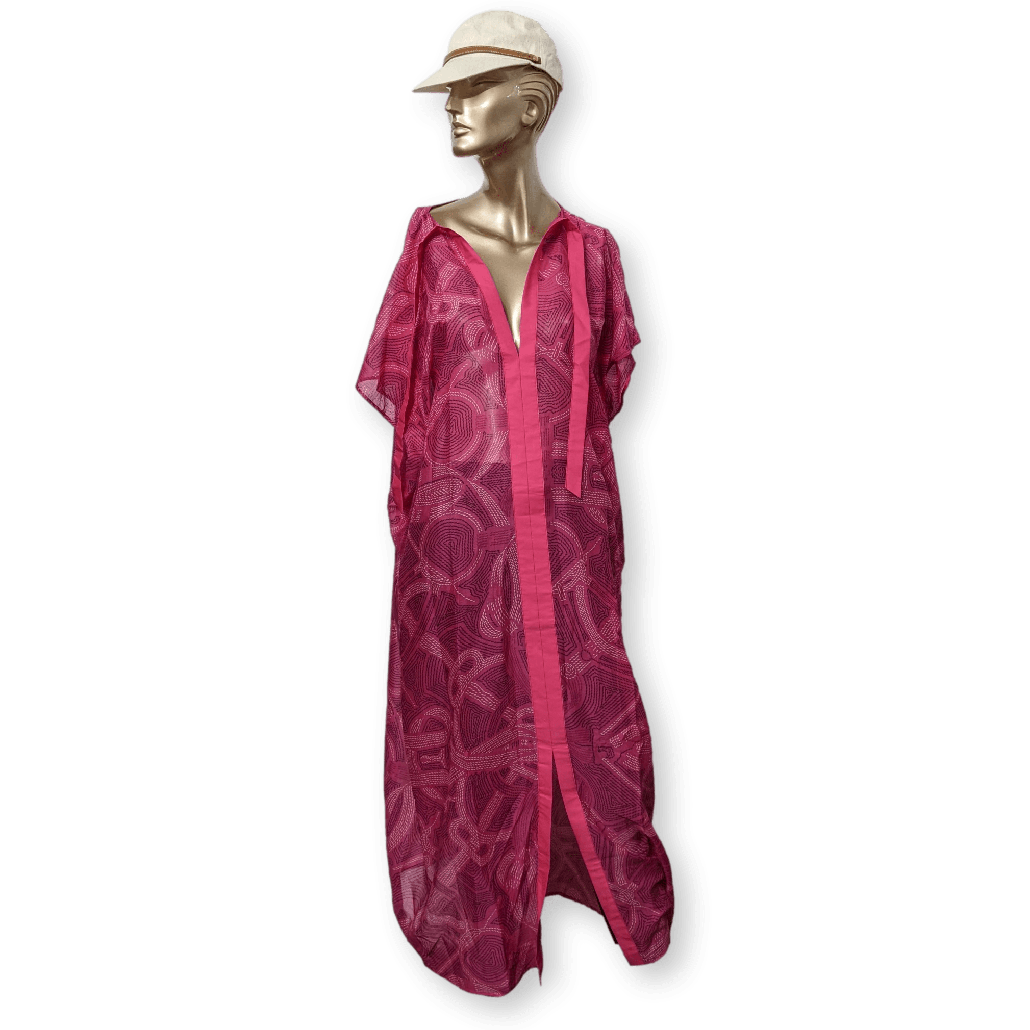 HERMES Fuchsia Maxi Beach Printed Cotton Caftan Dress