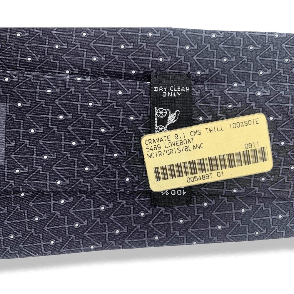 Hermes Black Grey White 5489 LOVEBOAT Twill Silk Tie 9CM, NWT in Pochette! - poupishop