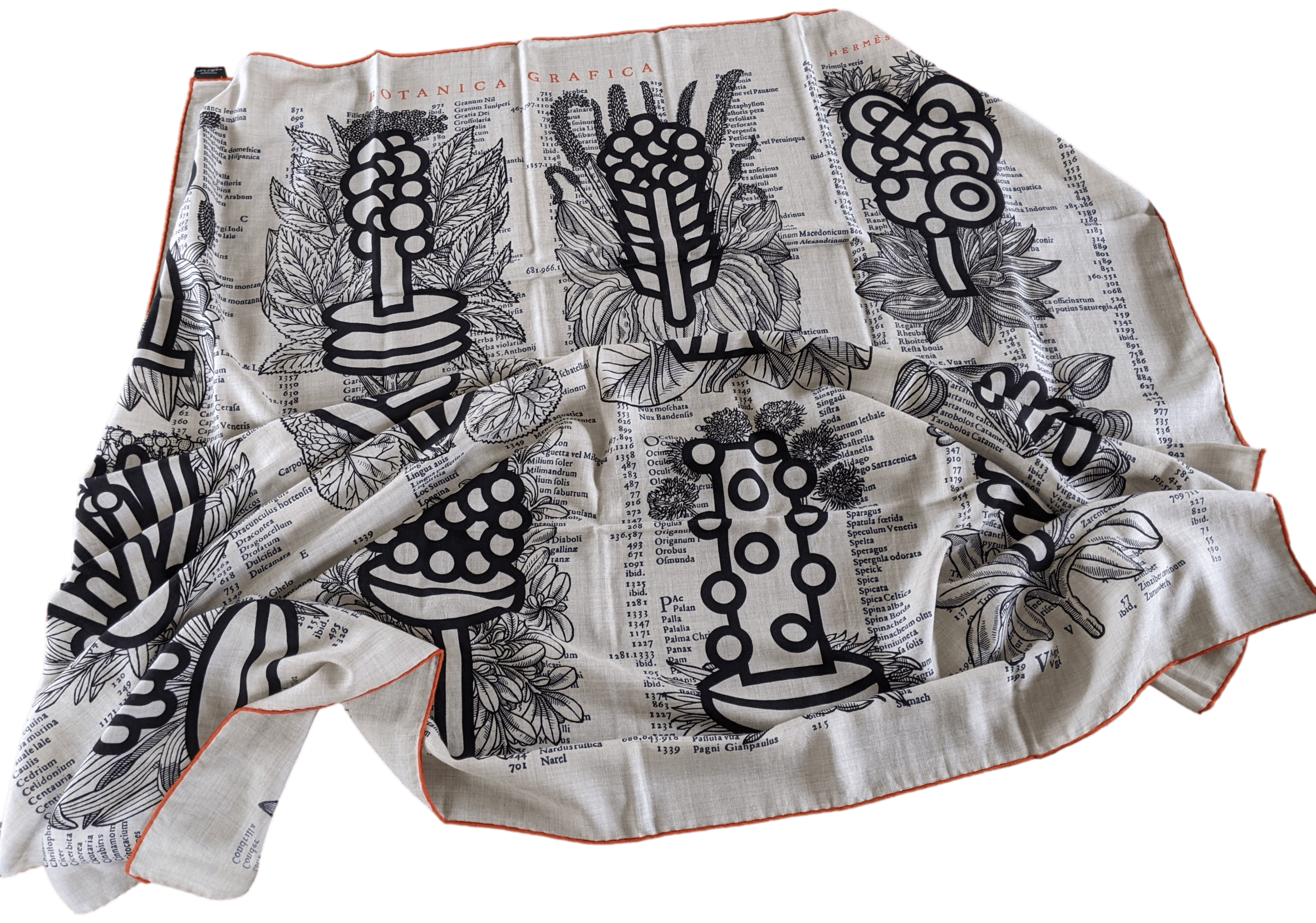HERMES BOTANICA GRAFICA Naturel/Noir/Orange Cashmere Shawl 140 x 140 cm