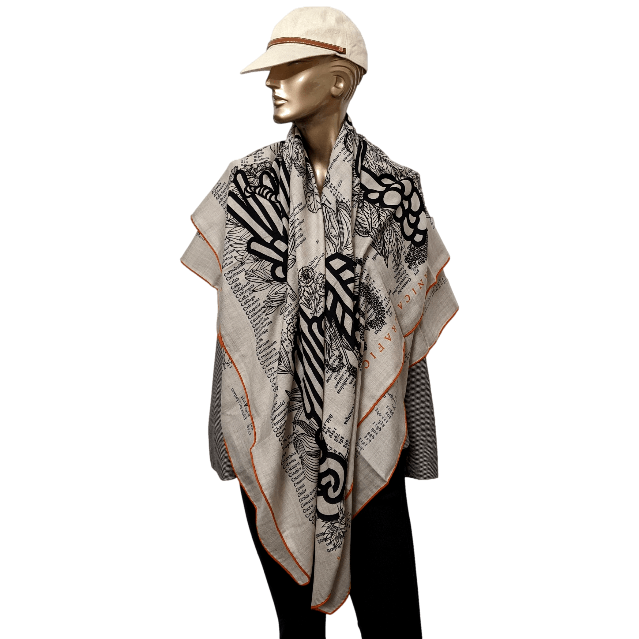 HERMES BOTANICA GRAFICA Naturel/Noir/Orange Cashmere Shawl 140 x 140 cm