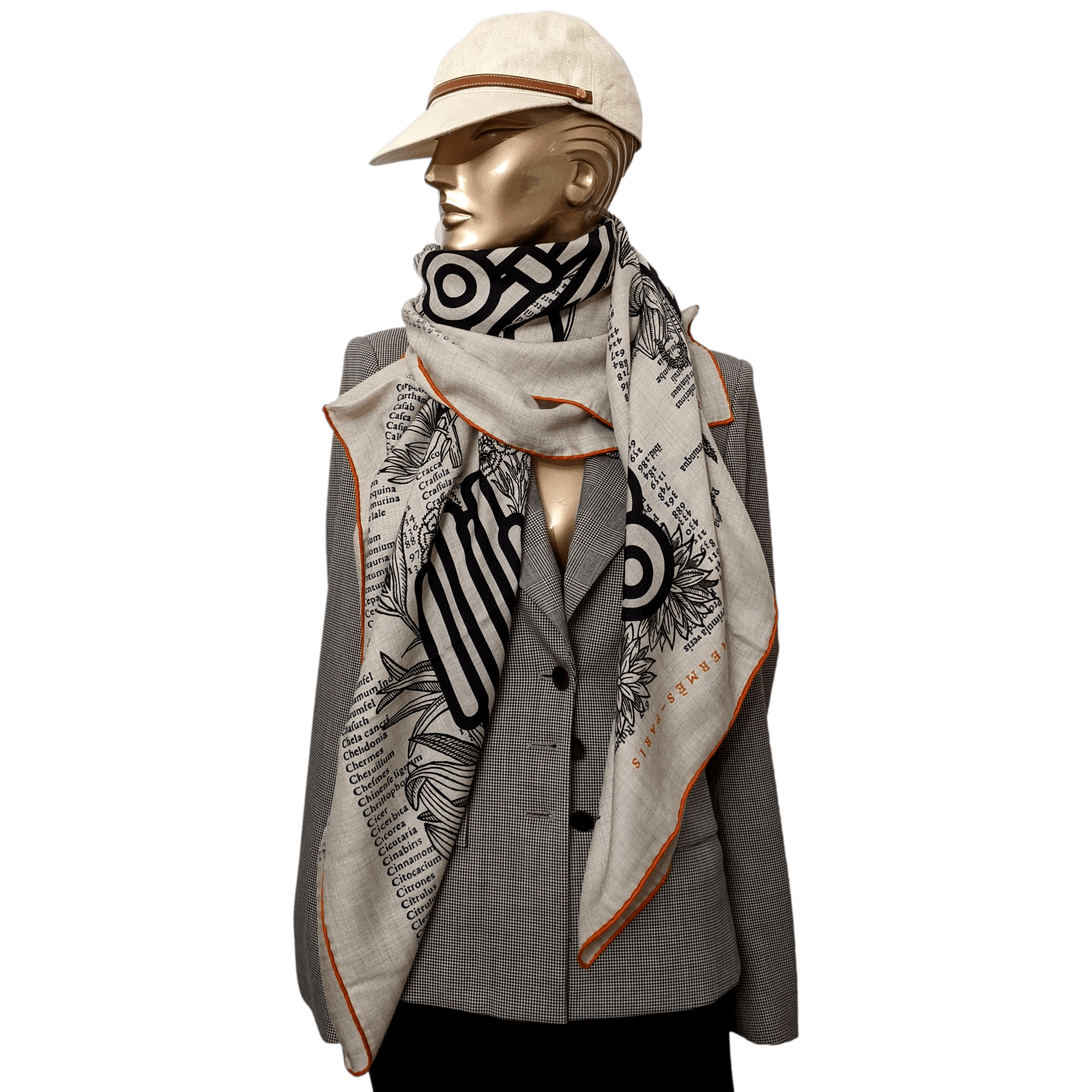 HERMES BOTANICA GRAFICA Naturel/Noir/Orange Cashmere Shawl 140 x 140 cm