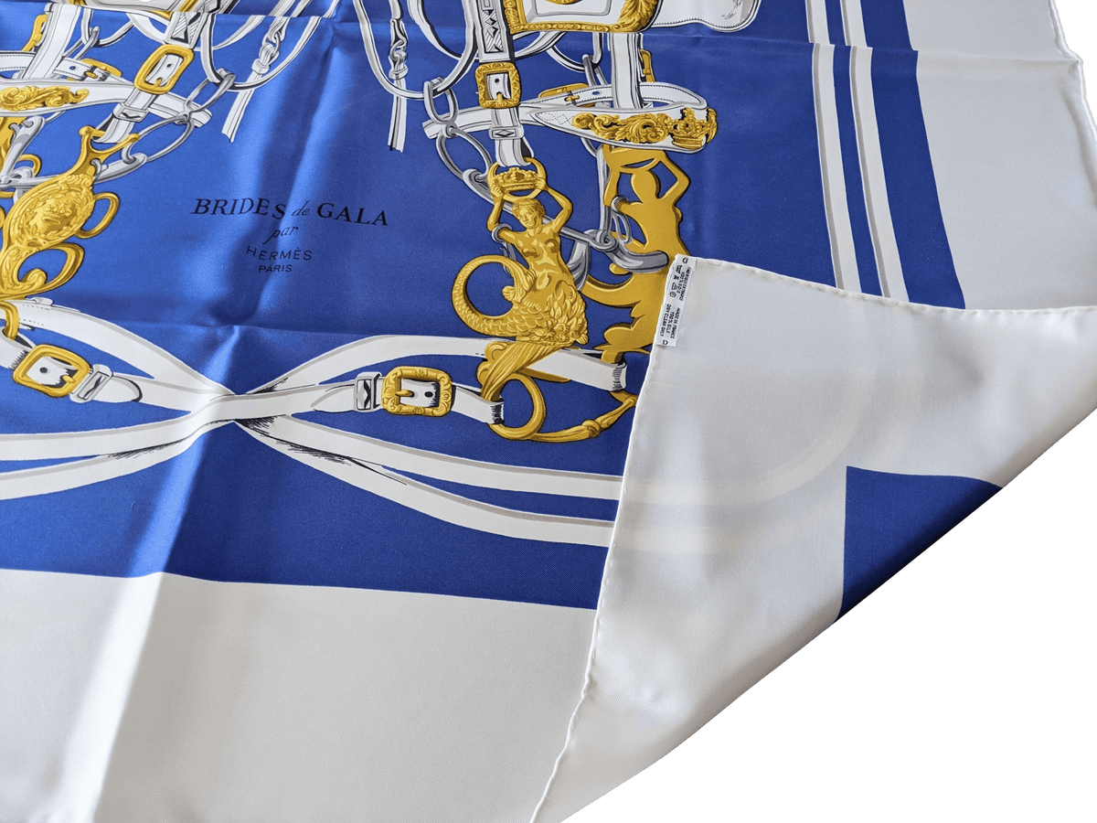 HERMES BRIDES DE GALA 1980s Cobalt/White 1st Re iIssue Twill Silk Carre 90 x 90 cm