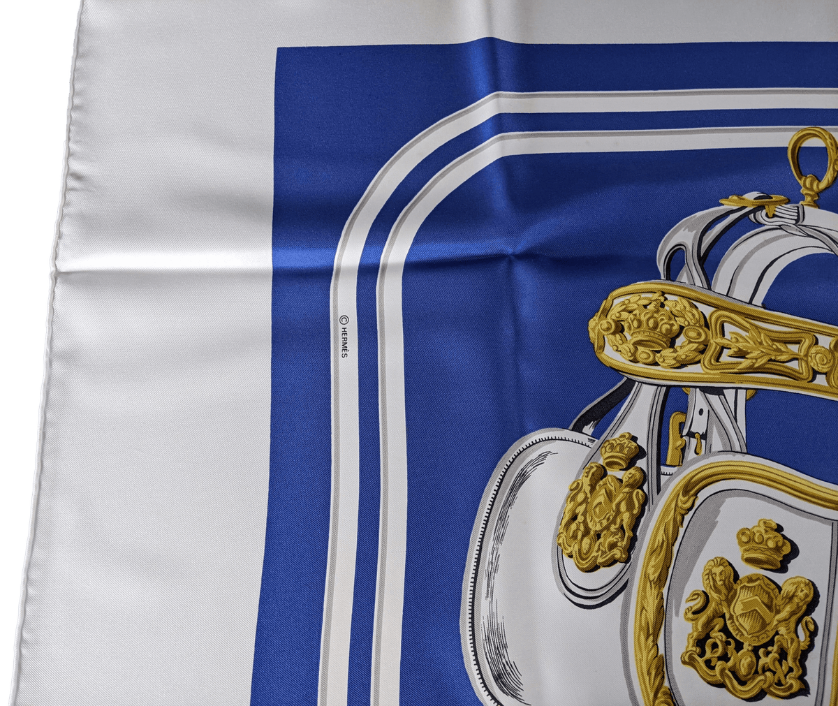 HERMES BRIDES DE GALA 1980s Cobalt/White 1st Re iIssue Twill Silk Carre 90 x 90 cm