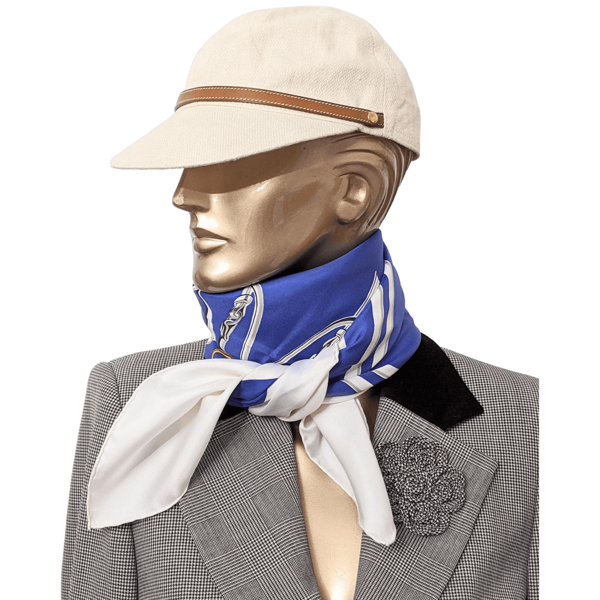 HERMES BRIDES DE GALA 1980s Cobalt/White 1st Re iIssue Twill Silk Carre 90 x 90 cm