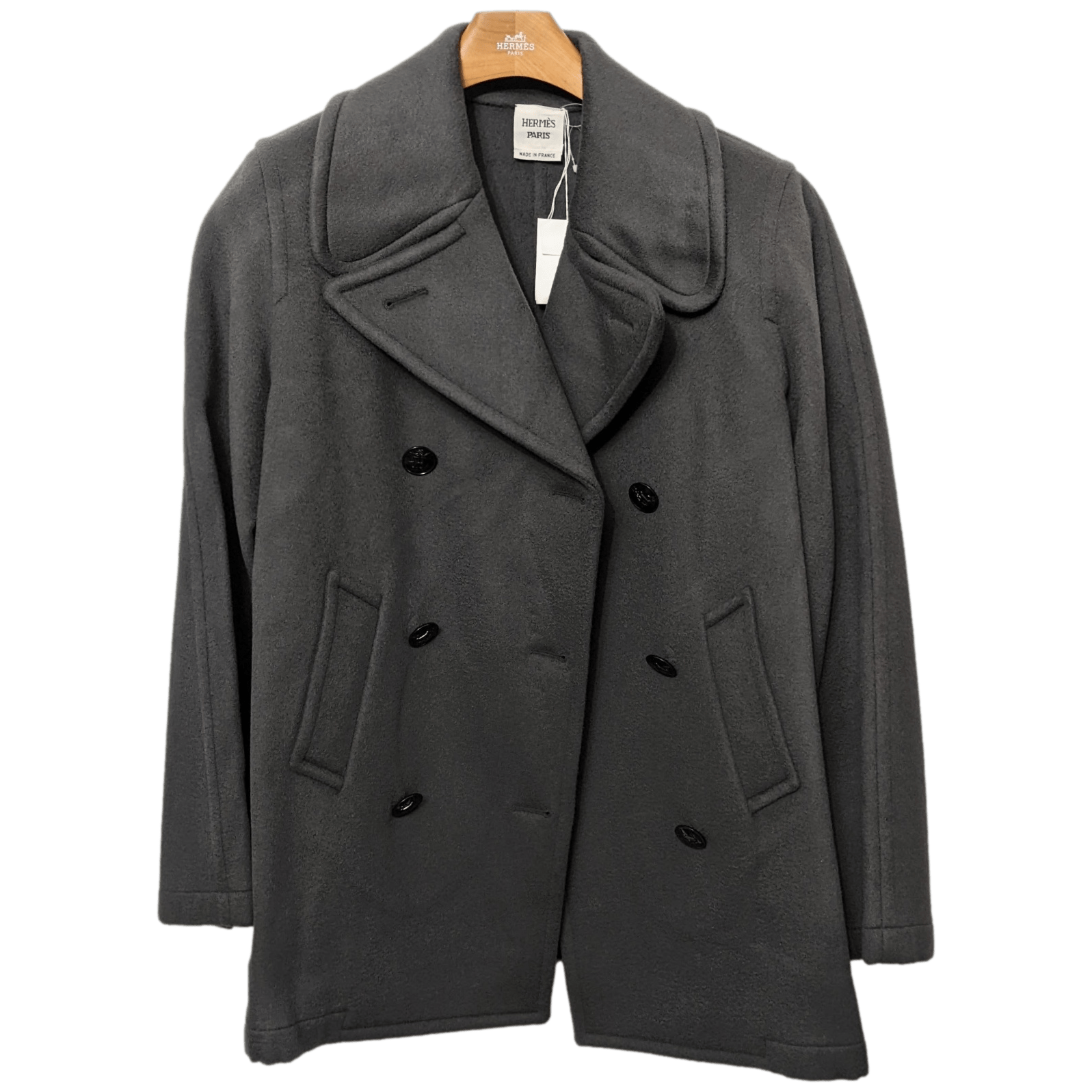 HERMES CABAN Vert-Anthracite Camel Hair Pea Coat Jacket F42
