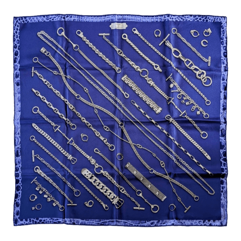 HERMES Chaines et Gourmettes Vintage Silk Scarf 70 Ink Blue 2009 Box