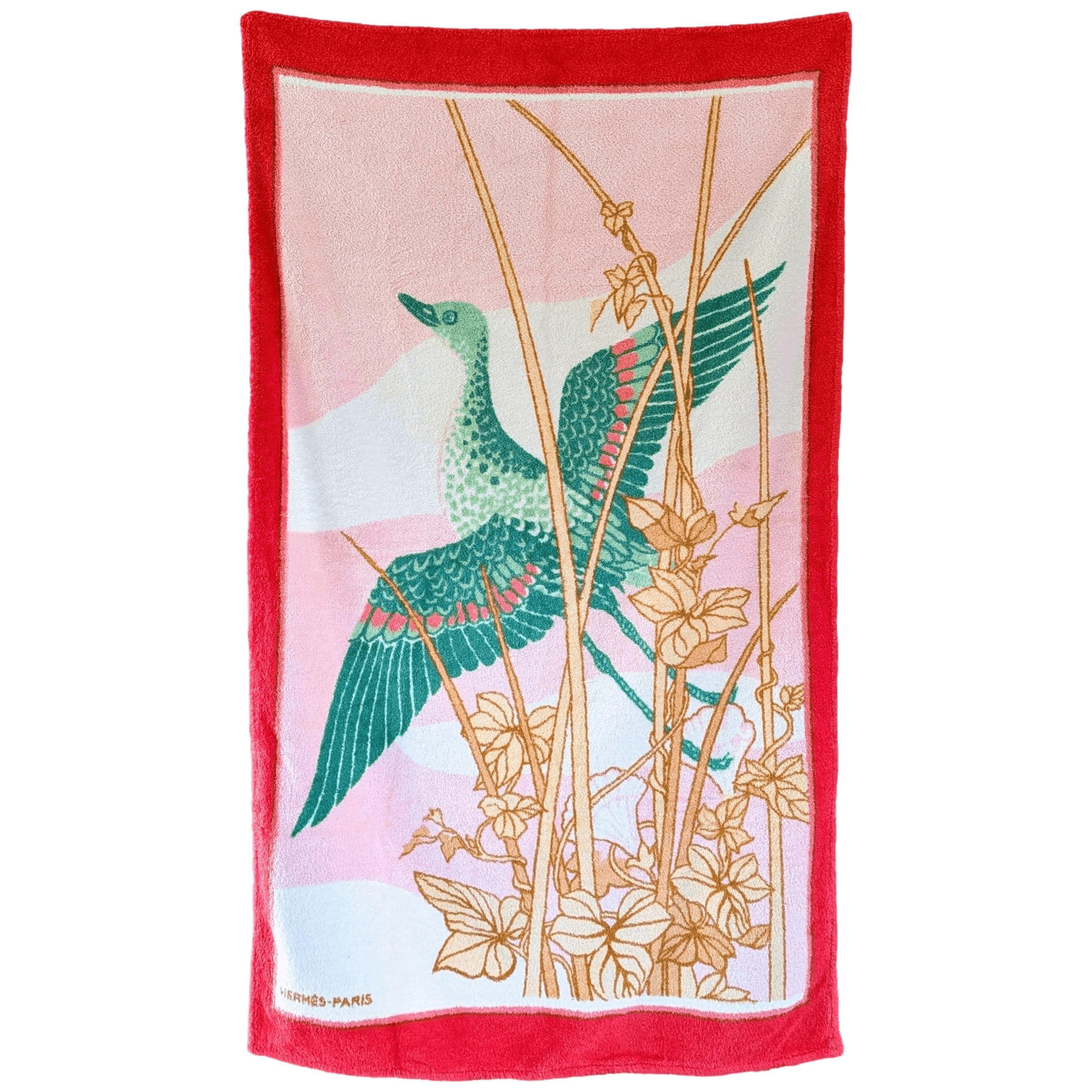 HERMES Crane Raspberry Green Terry Beach Towel 90 x 150 cm