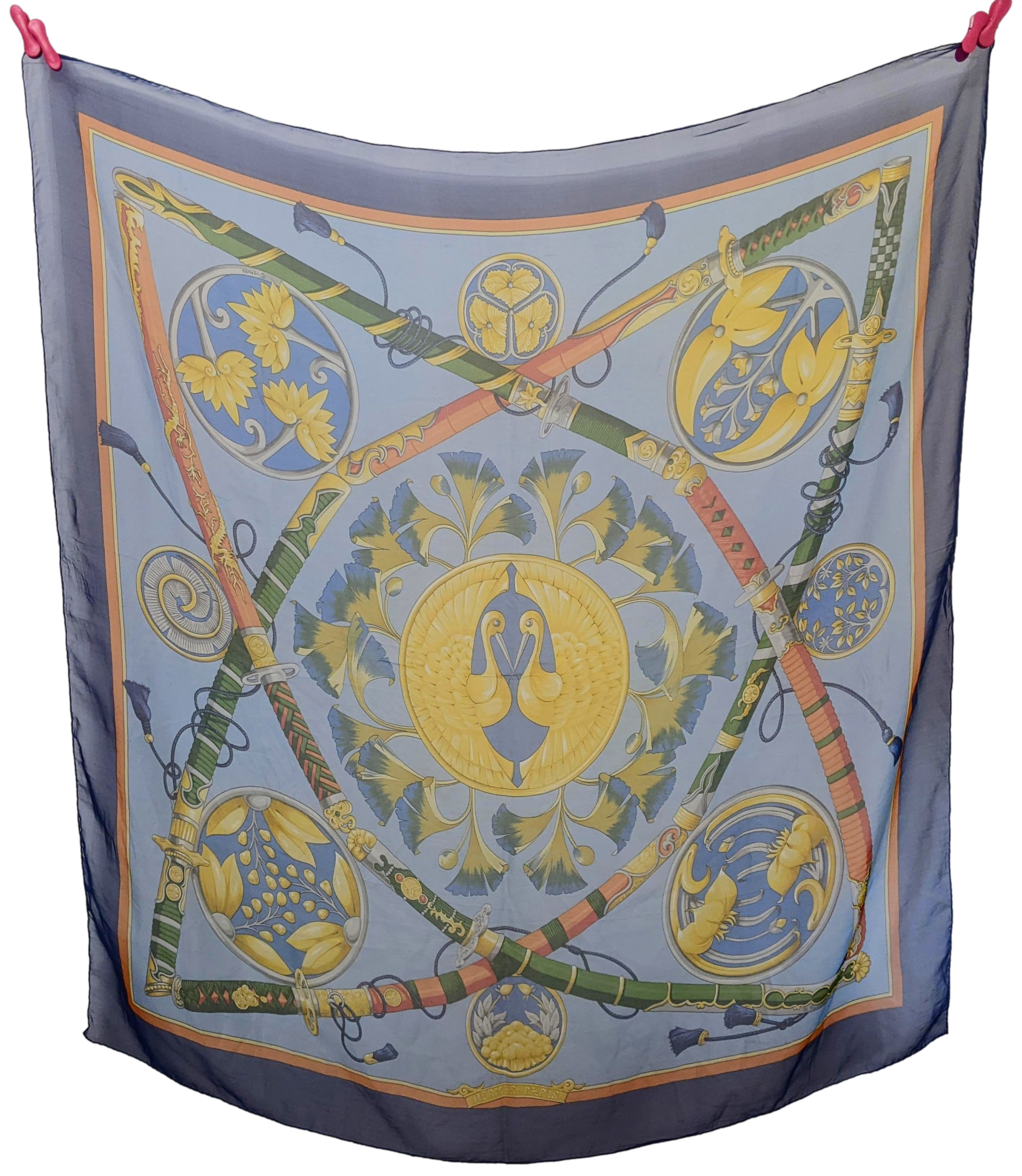 HERMES 1991 Blue DAIMYO Mousseline Silk 140 x 140 cm