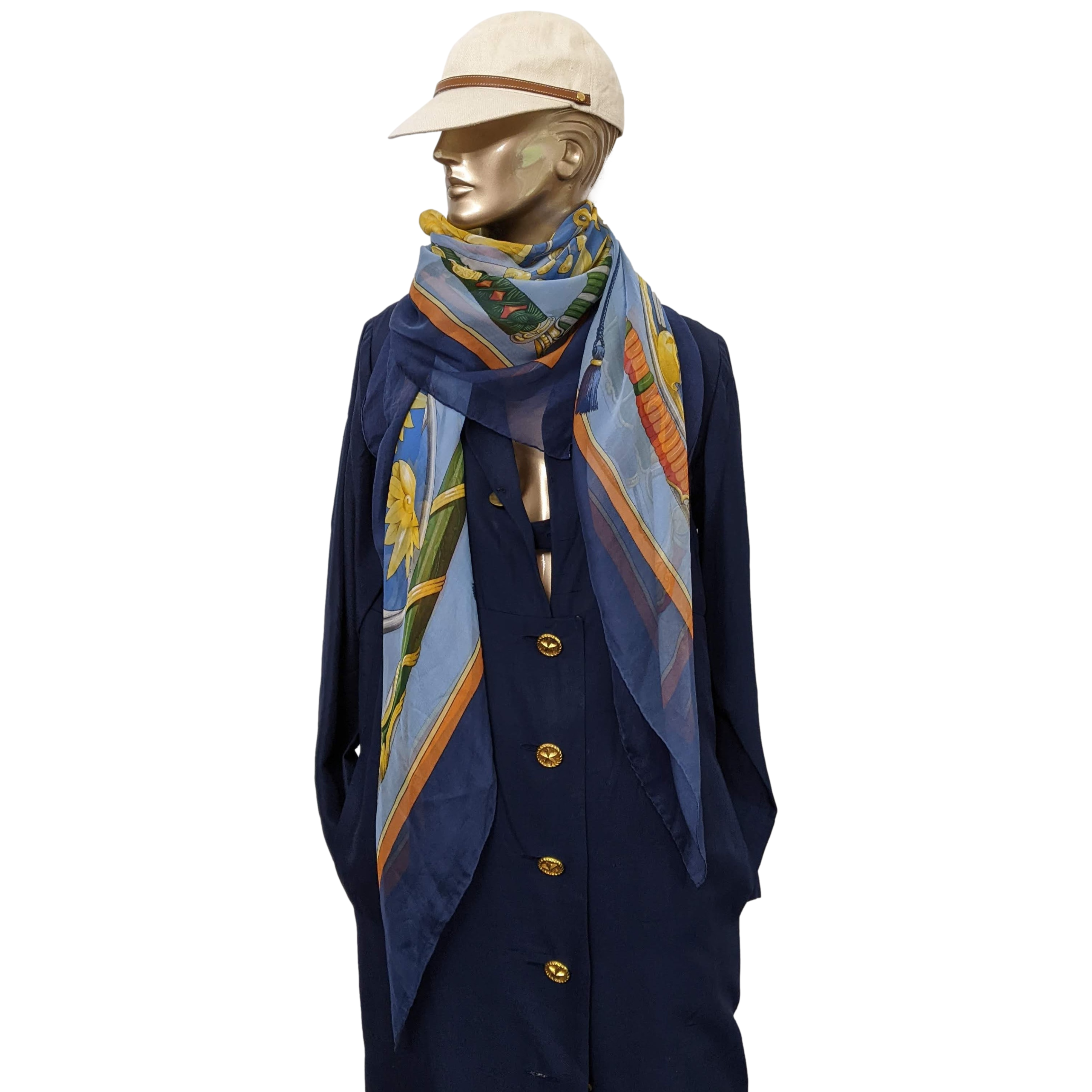 HERMES 1991 Blue DAIMYO Mousseline Silk 140 x 140 cm