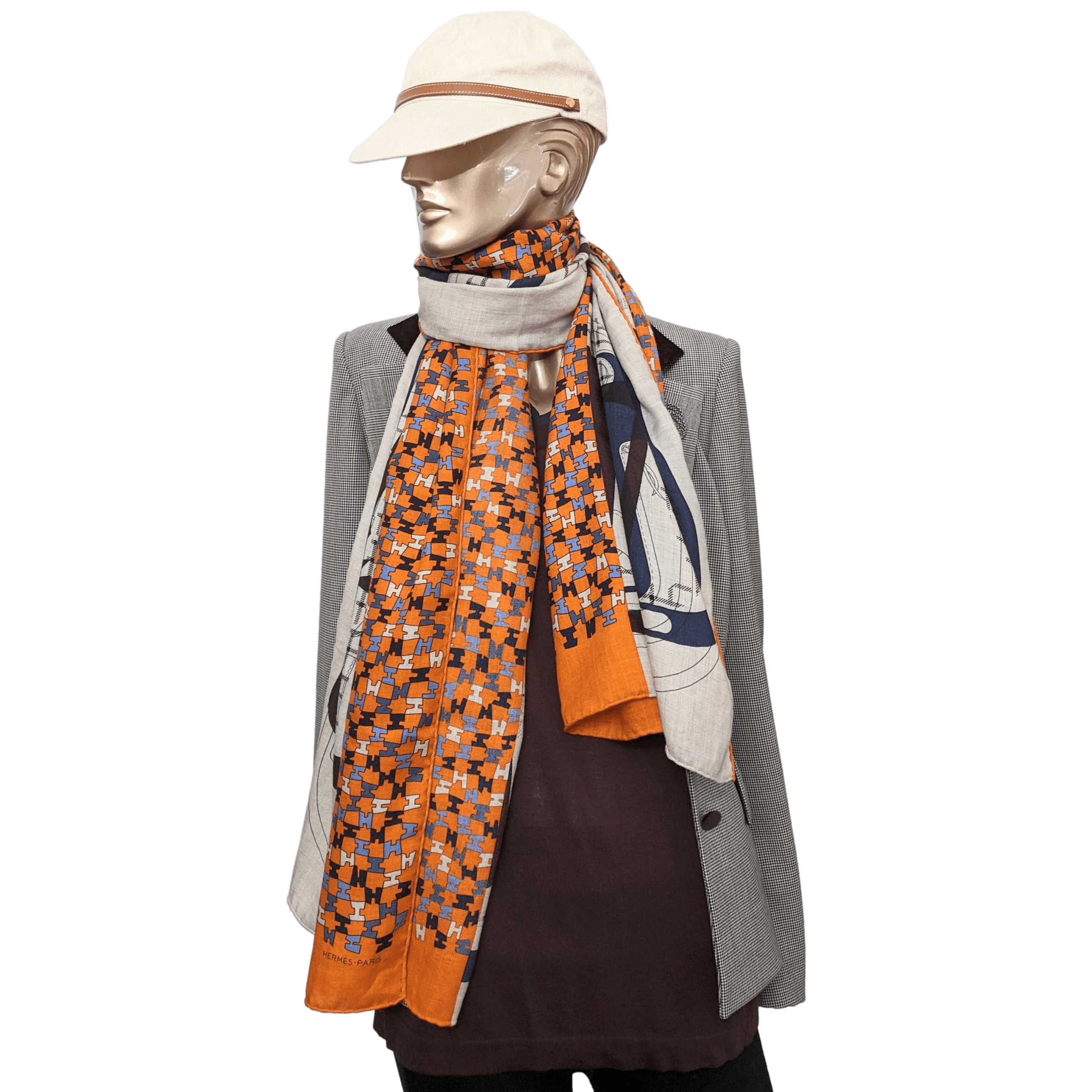 HERMES Unisex Natural/Orange Equestre 70% Cashmere Stole