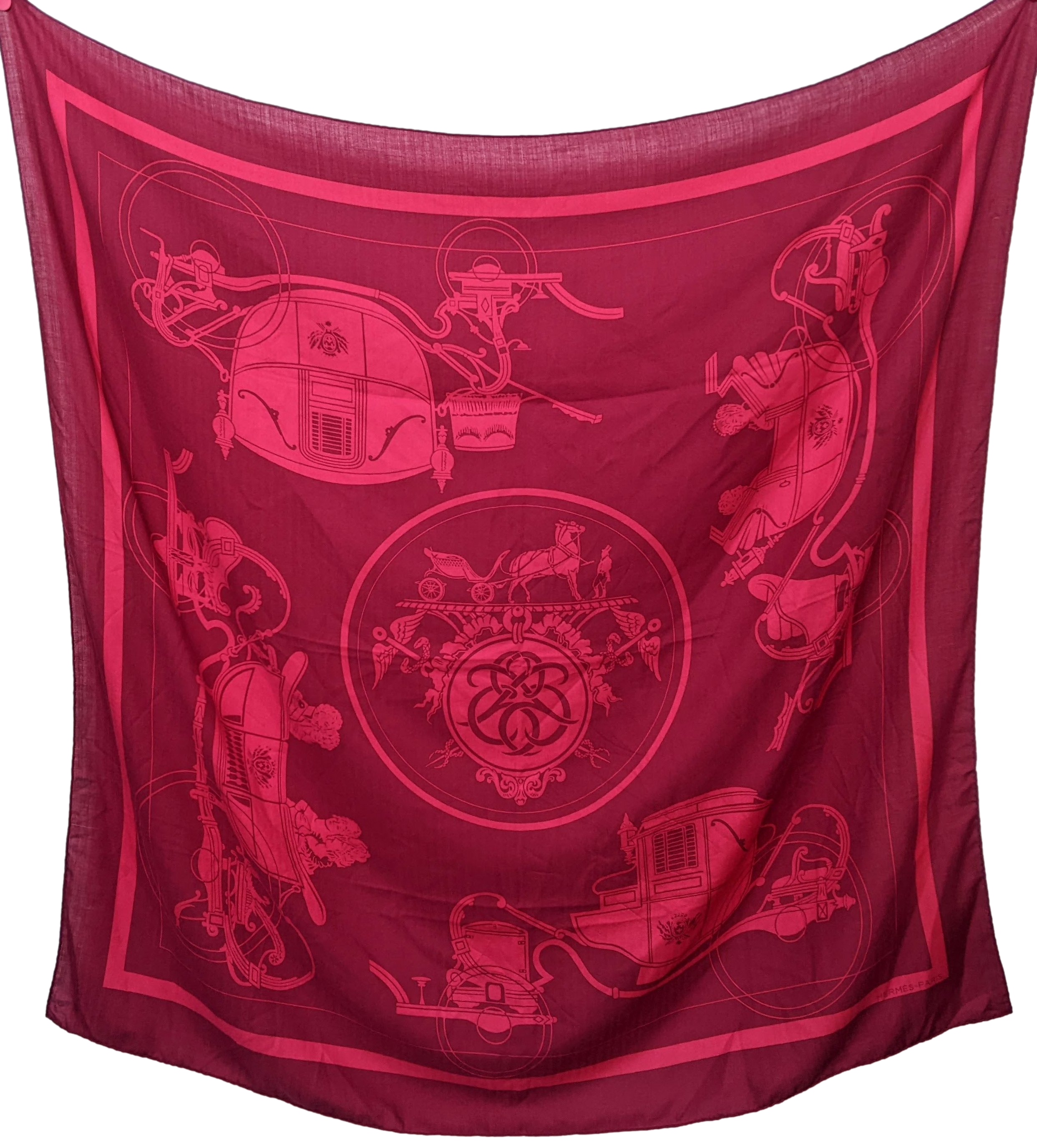 Hermes 2008 Cassis/Framboise " Ex Libris " Cashmere Shawl 140 x 140 cm