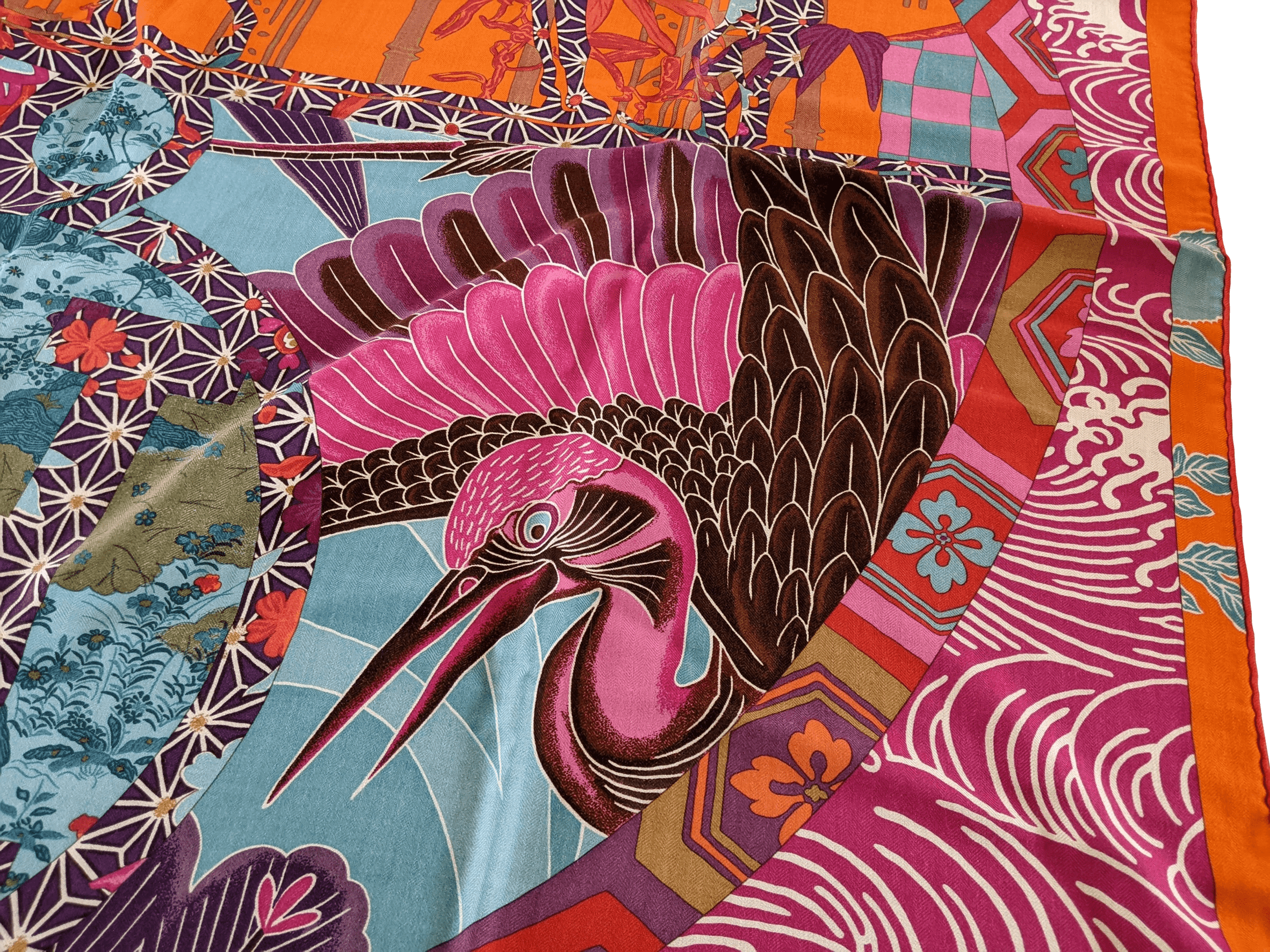 HERMES EX-LIBRIS EN KIMONOS 2012 cw01 Capucine/Fuchsia Cashmere Shawl 140 x 140 cm