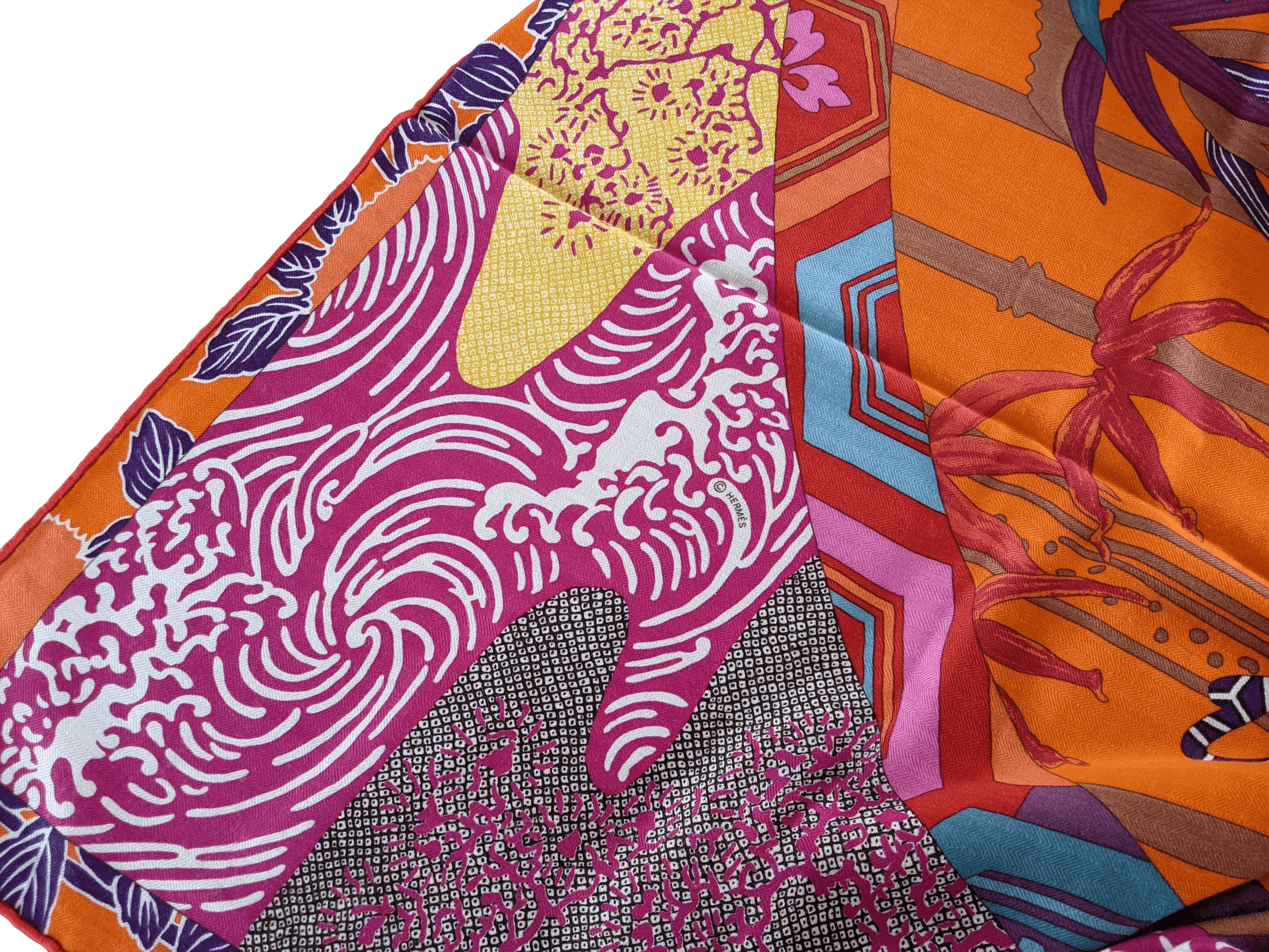 HERMES EX-LIBRIS EN KIMONOS 2012 cw01 Capucine/Fuchsia Cashmere Shawl 140 x 140 cm