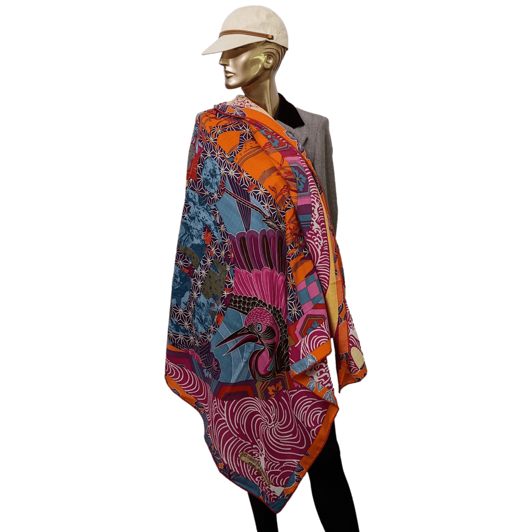 HERMES EX-LIBRIS EN KIMONOS 2012 cw01 Capucine/Fuchsia Cashmere Shawl 140 x 140 cm