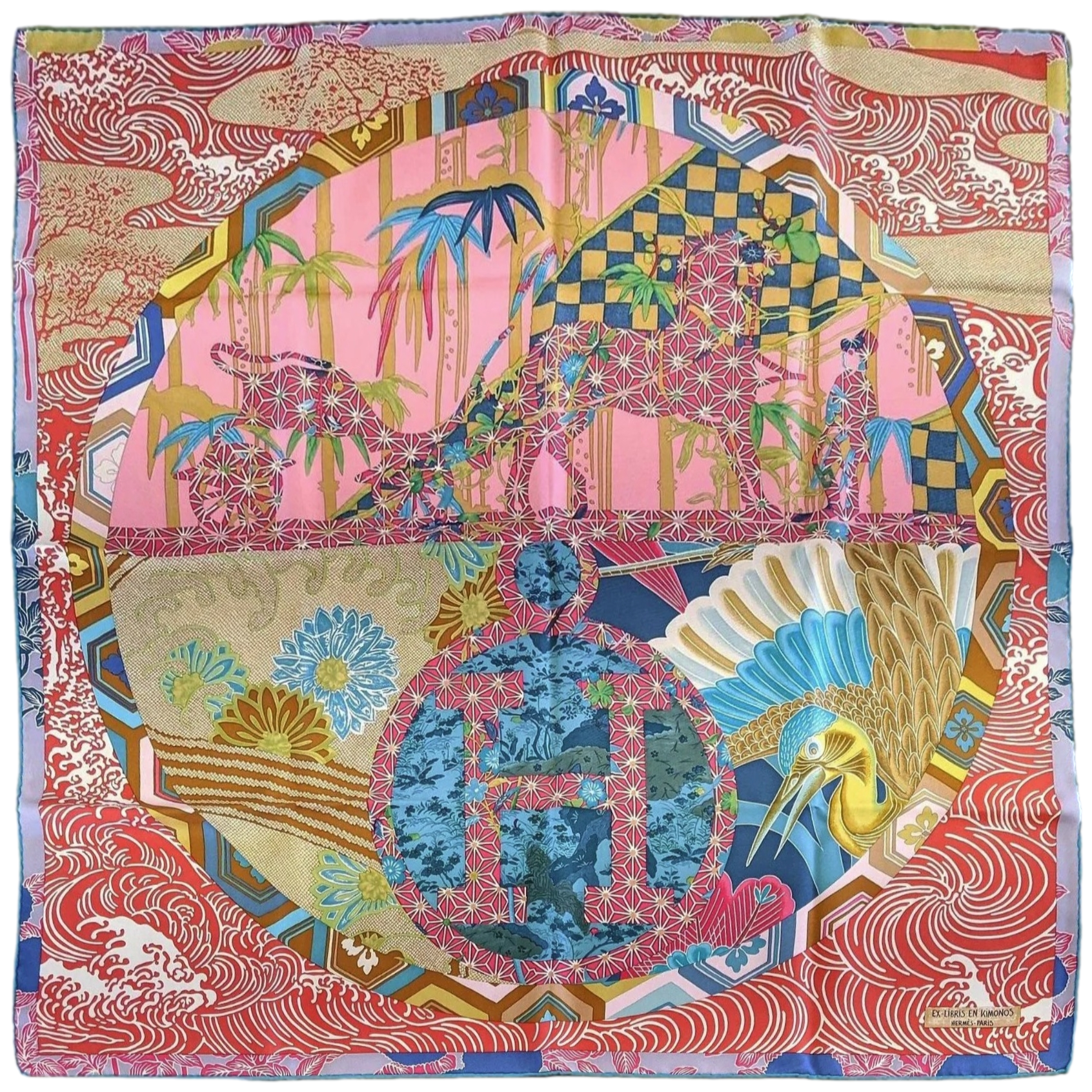 Hermes 2011 Turquoise/Lilas/Rose/Rouge EX-LIBRIS EN KIMONOS by Anamorphee Twill 90cm