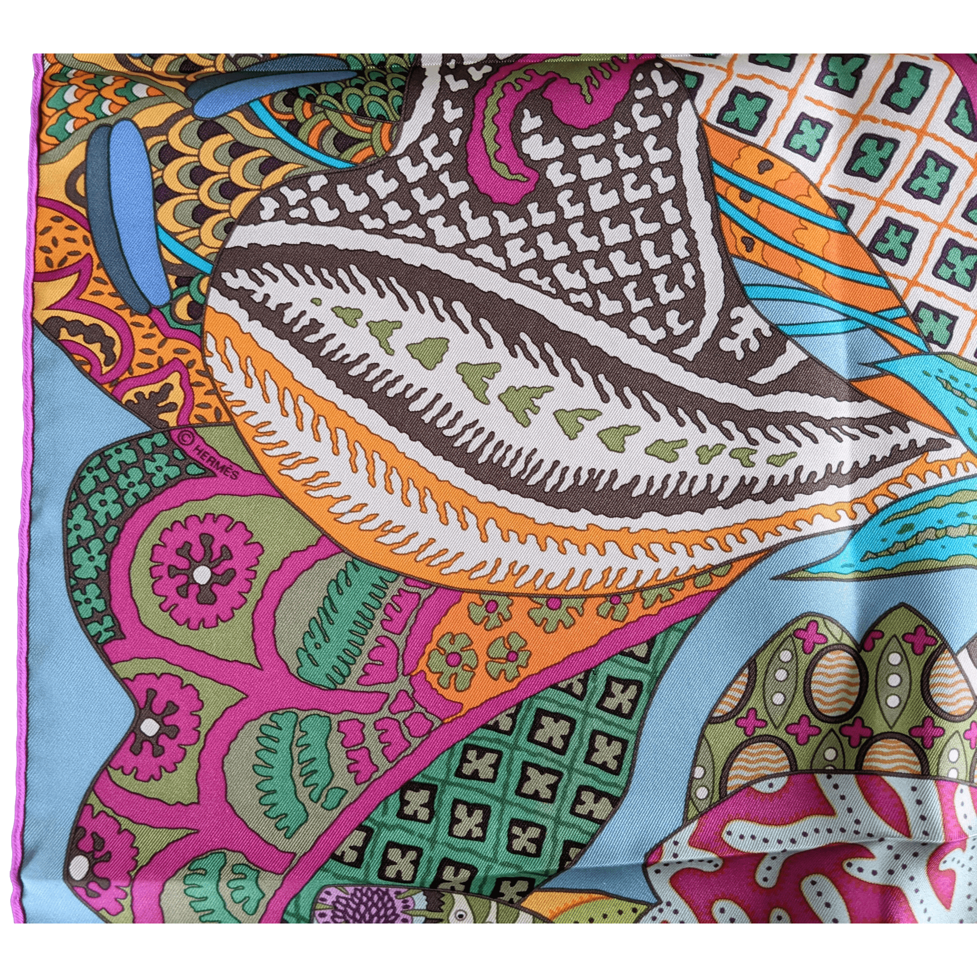 HERMES 2011 Fuchsia/Blue Fleurs d'Indiennes Twill Scarf 90 x 90 cm