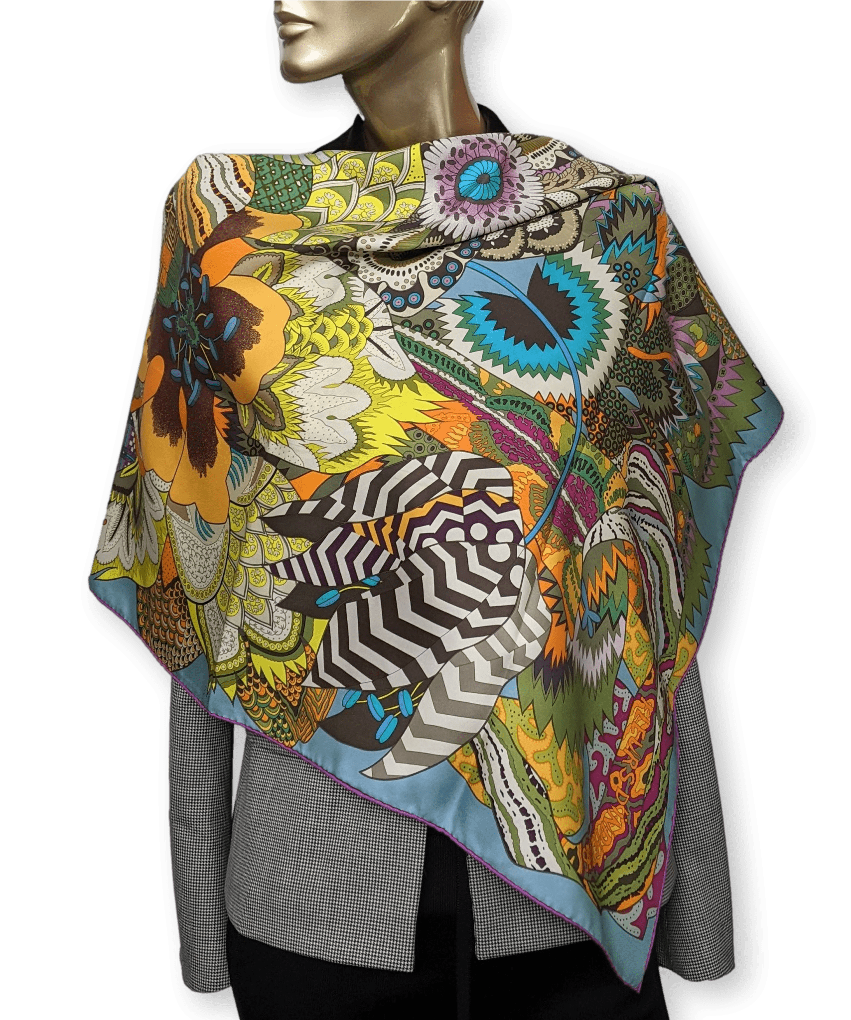 HERMES 2011 Fuchsia/Blue Fleurs d'Indiennes Twill Scarf 90 x 90 cm