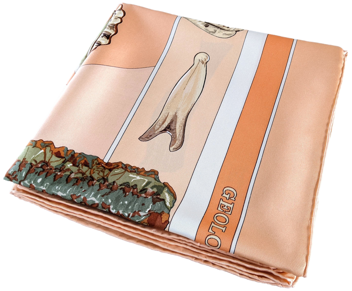 Produits Hermes 1980 Special Issue Abricot/Rose/Blanc " Geologie" by Loic Dubigeon Silk Twill 90cm with Blanc Matte Overlay