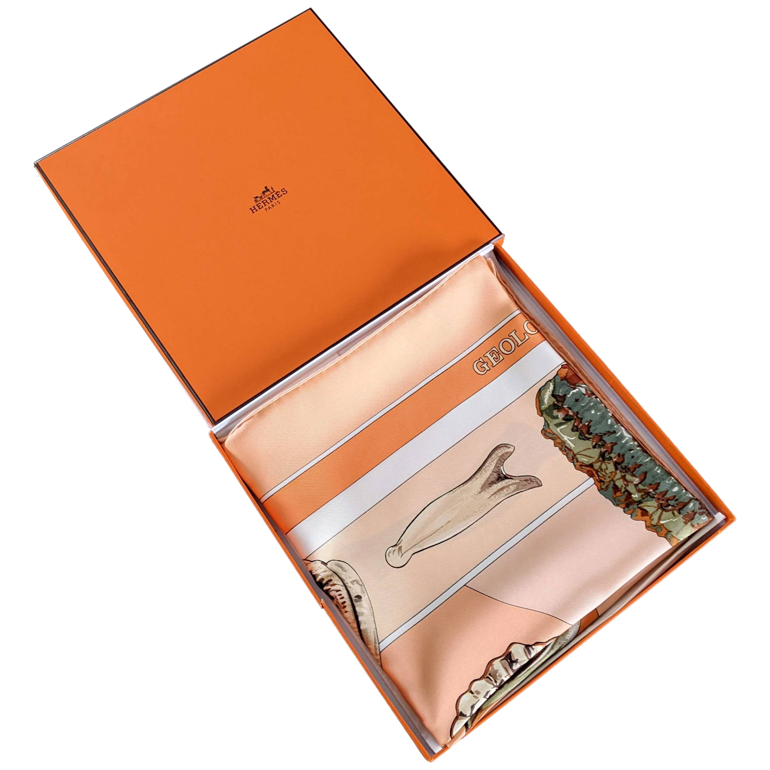 Produits Hermes 1980 Special Issue Abricot/Rose/Blanc " Geologie" by Loic Dubigeon Silk Twill 90cm with Blanc Matte Overlay